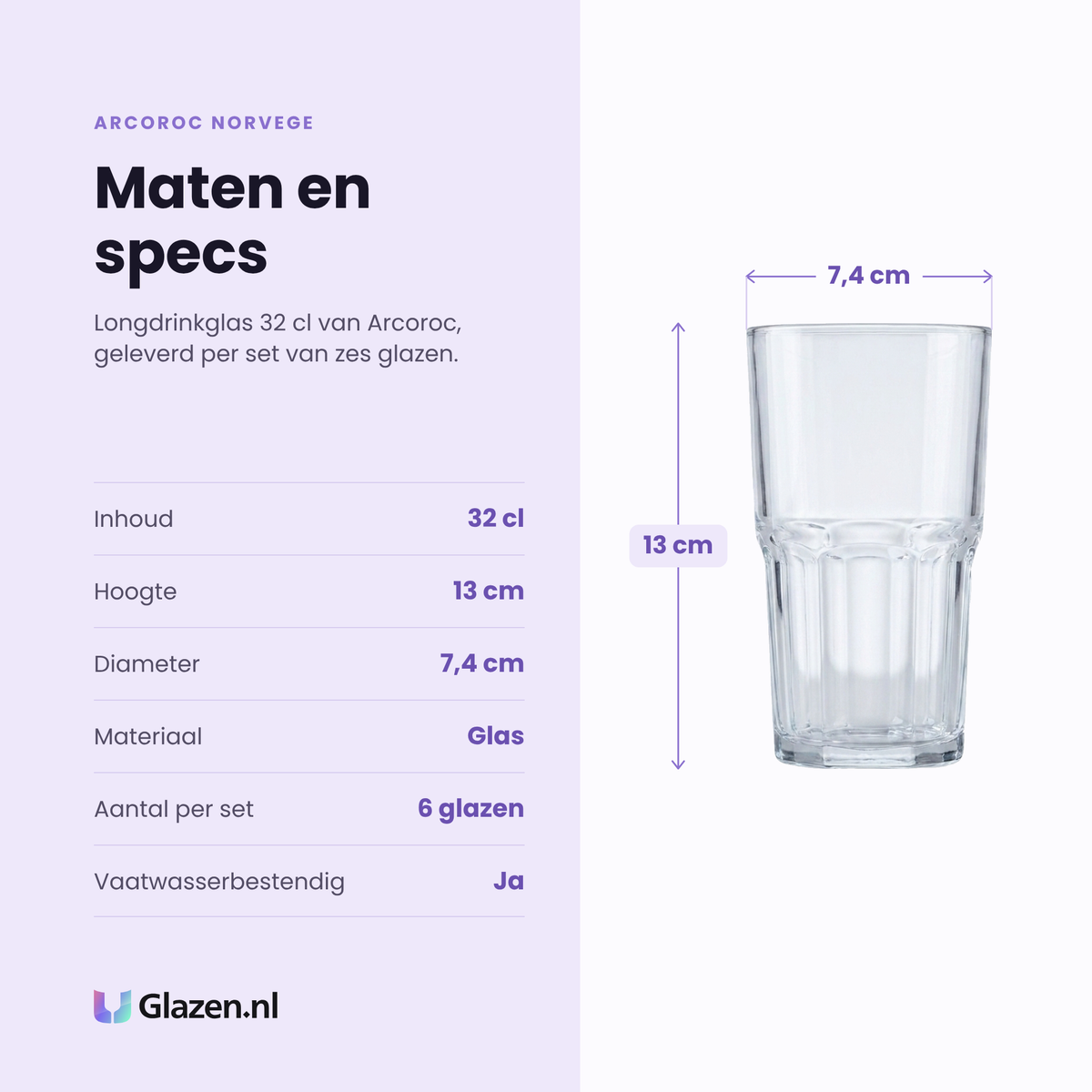 Arcoroc Norvege longdrinkglas 32 cl specificaties: inhoud 32 cl, hoogte 13 cm, diameter 7,4 cm, glas, set van 6