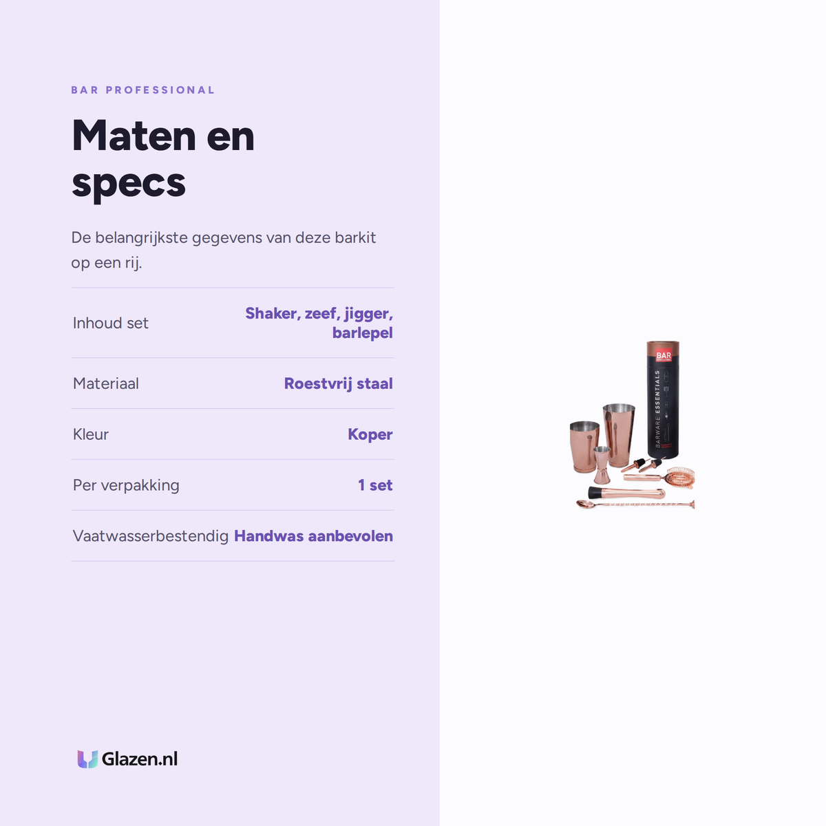 Maten en specificaties van Bar Professional Barkit Koker Koper Cocktail Set