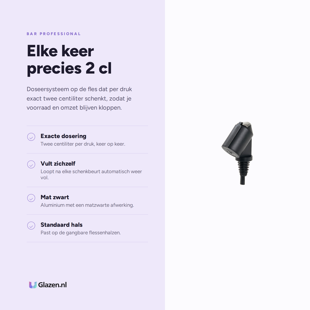 Infographic met de eigenschappen van Bar Professional Bottle Master Schenkmaat Zwart 2 Cl