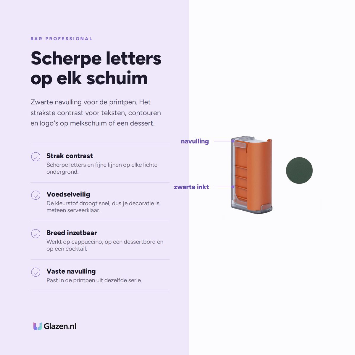 Infographic met de eigenschappen van Bar Professional Cartridge Printpen Zwart