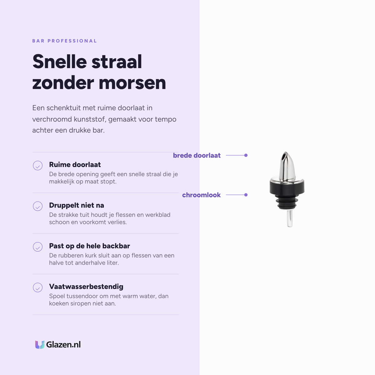 Infographic met de eigenschappen van de Bar Professional Fast Flow schenktuit in chroom