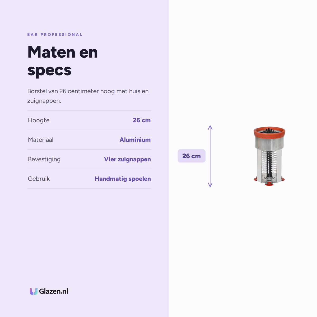 Maten en specificaties van de enkele glazenborstel met zuignappen van Bar Professional