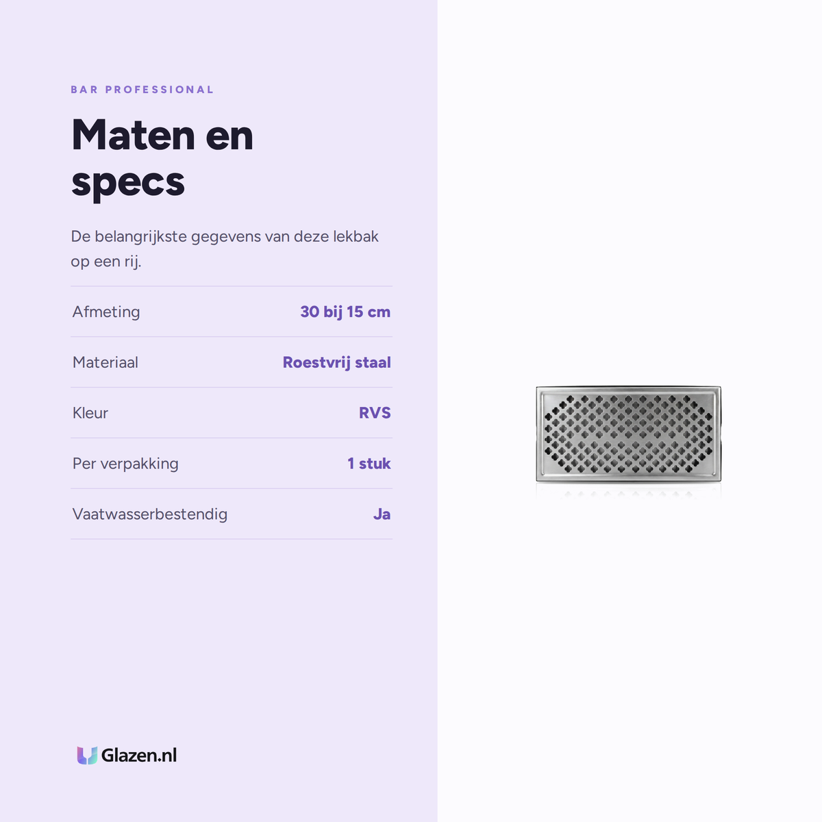 Maten en specificaties van Bar Professional Lekbak Rechthoekig RVS 30x15 cm