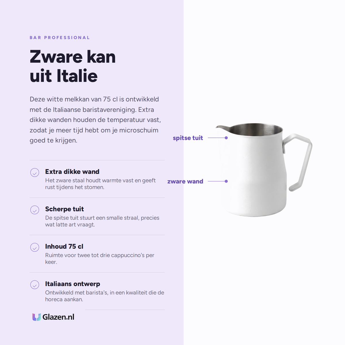 Infographic met de eigenschappen van Bar Professional Melkkan RVS Wit 75 Cl