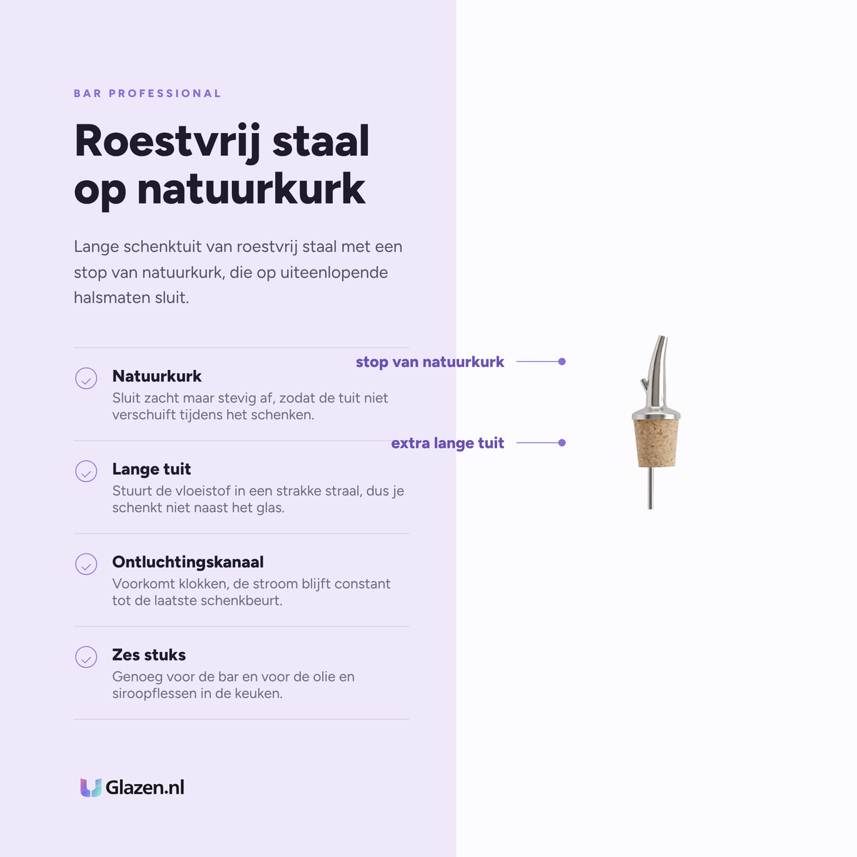 Infographic met de eigenschappen van Bar Professional Schenktuit Kurk Lang RVS - 6 Stuks