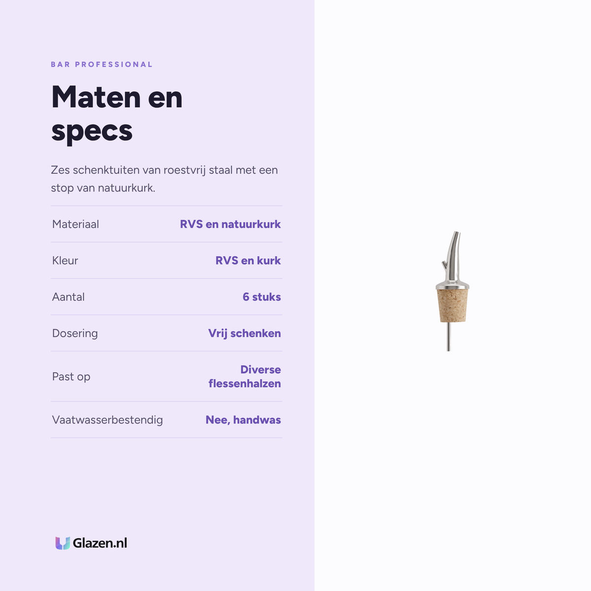 Maten en specificaties van Bar Professional Schenktuit Kurk Lang RVS - 6 Stuks