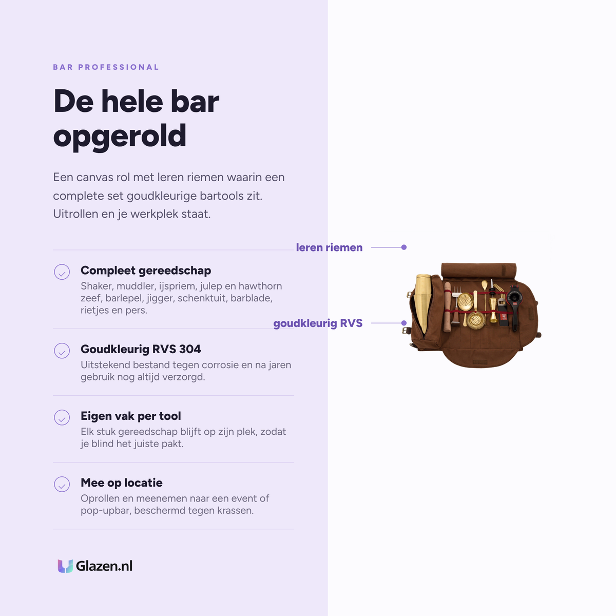 Eigenschappen van de Bar Professional Speakeasy bartender roll cocktailset goud