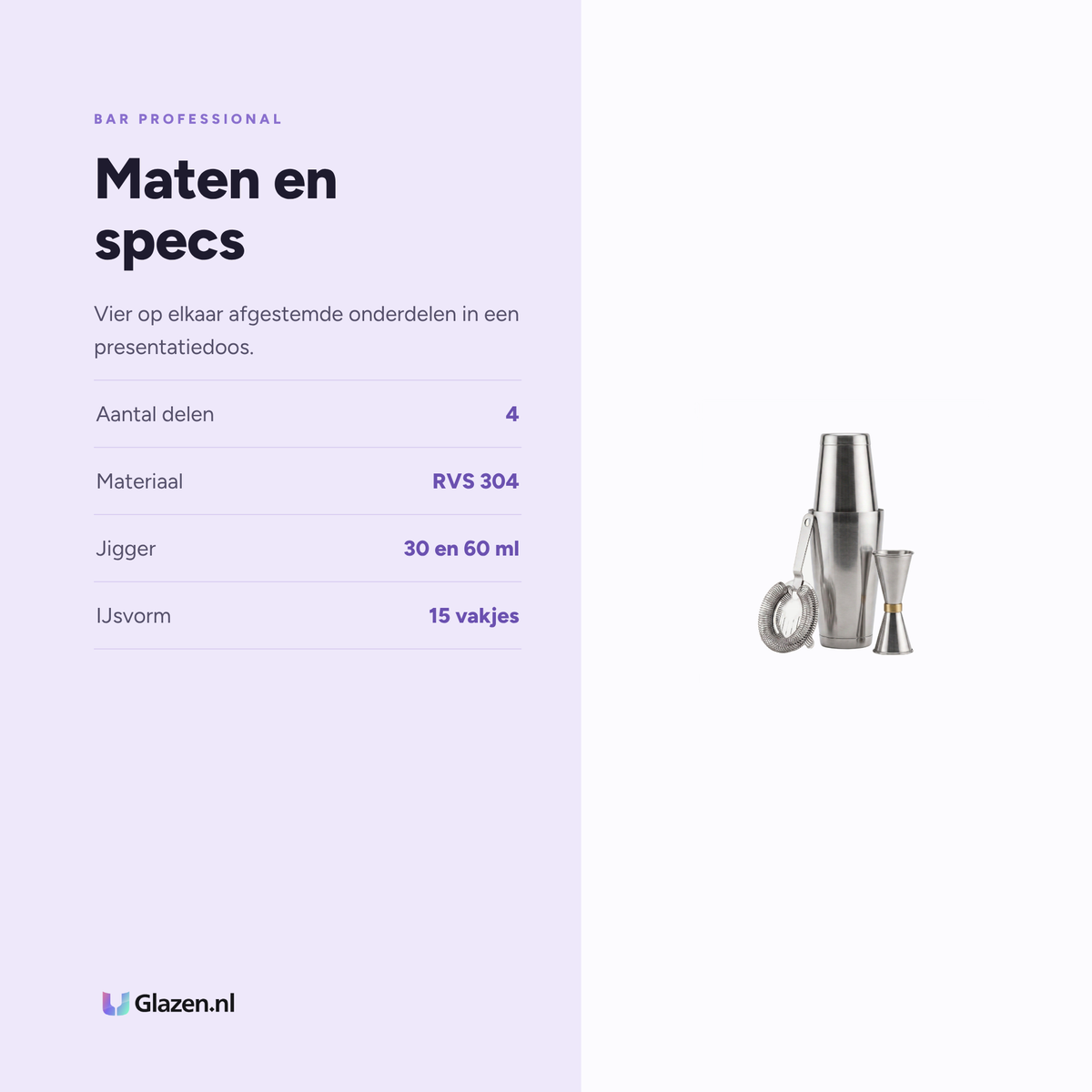 Maten en specificaties van de Bar Professional Speakeasy Pornstar Martini cocktailset 4-delig