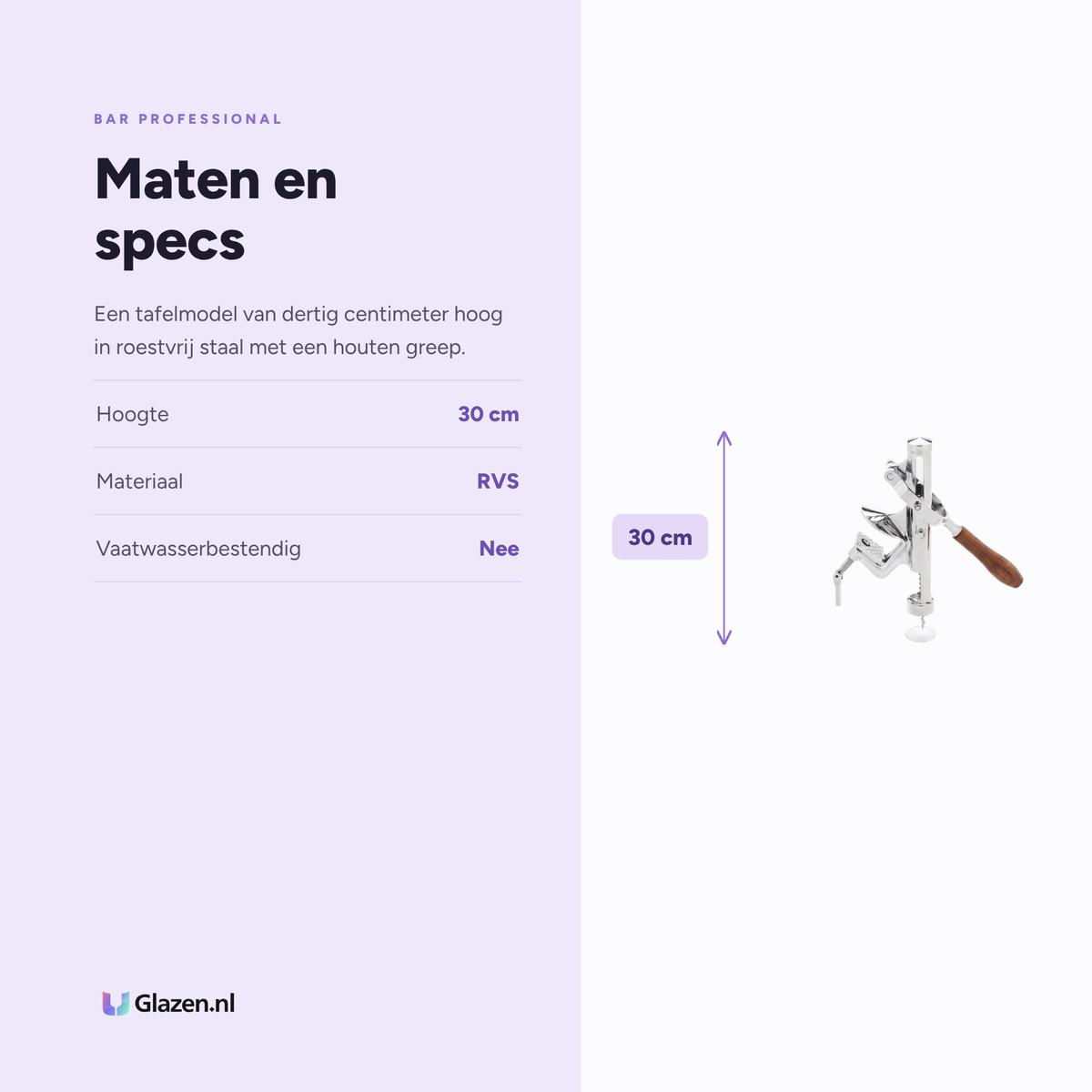 Bar Professional Tafelmodel Kurkentrekker RVS maten en specs