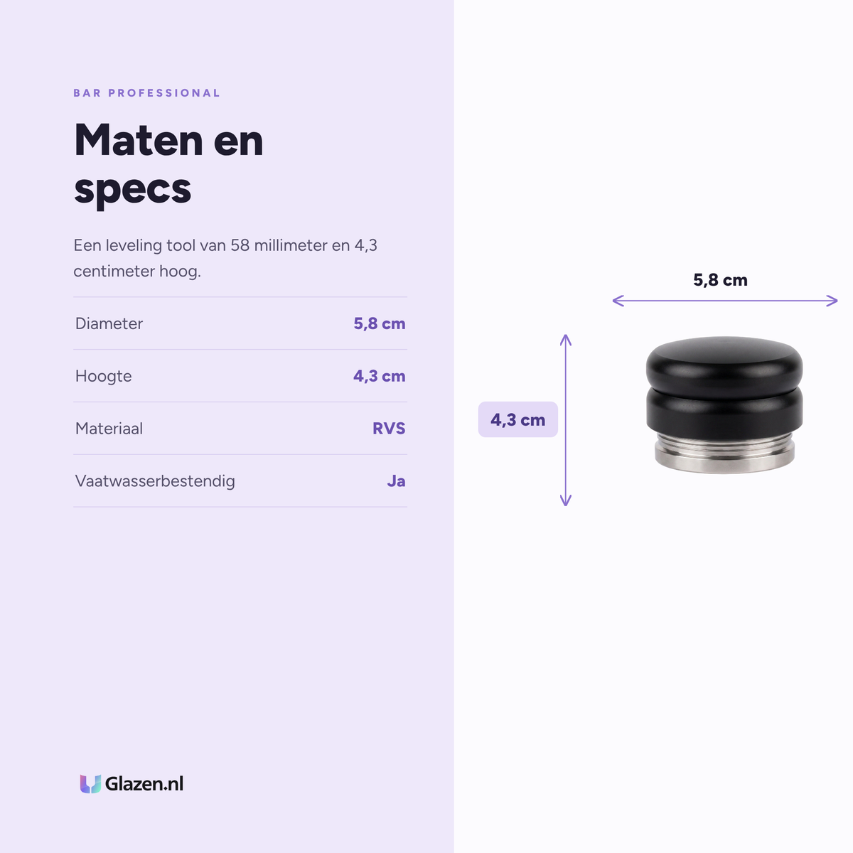 Maten en specs van de Bar Professional Tamper Leveling Tool 58 mm Zwart