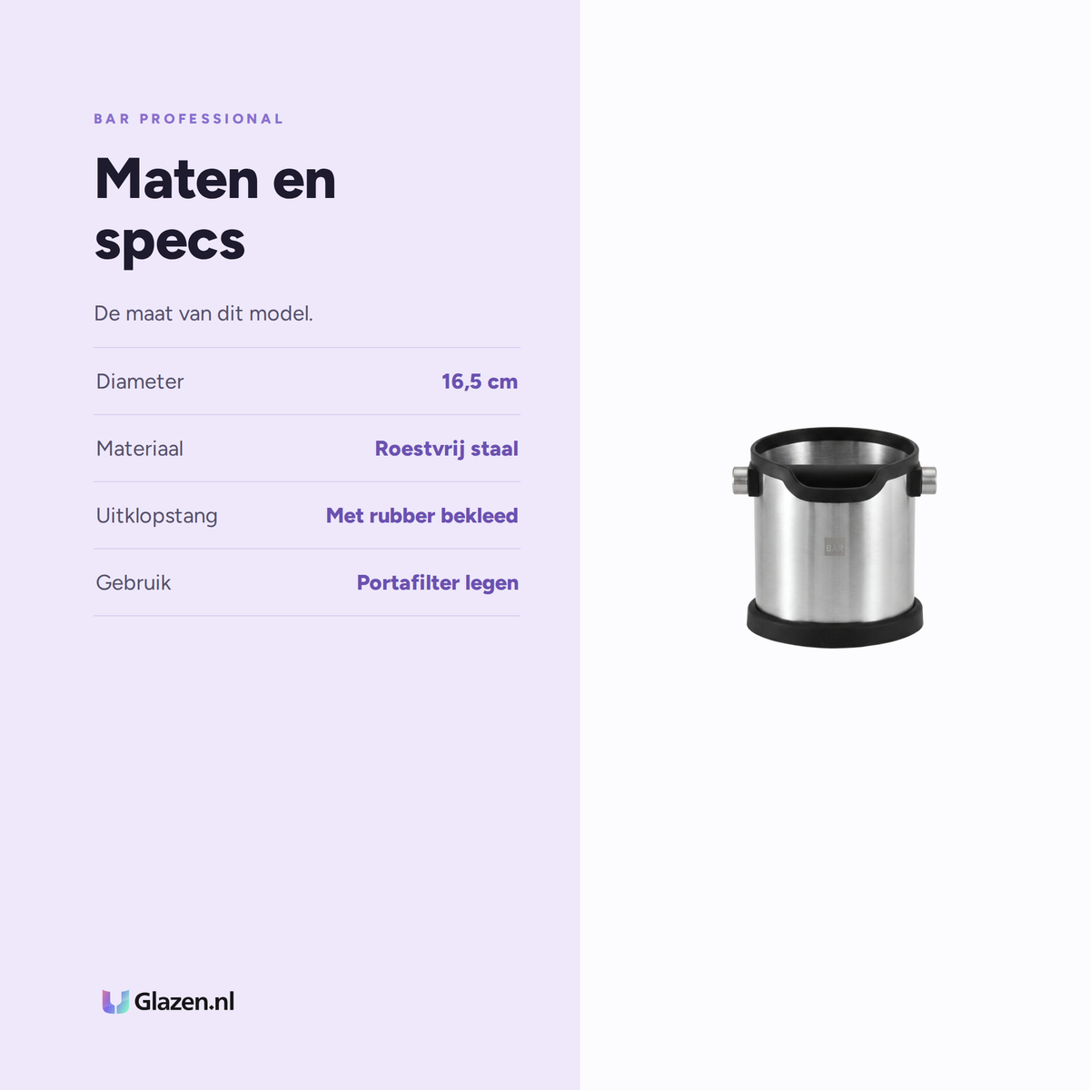 Bar Professional Uitklopbak 16,5 cm RVS maten en specs