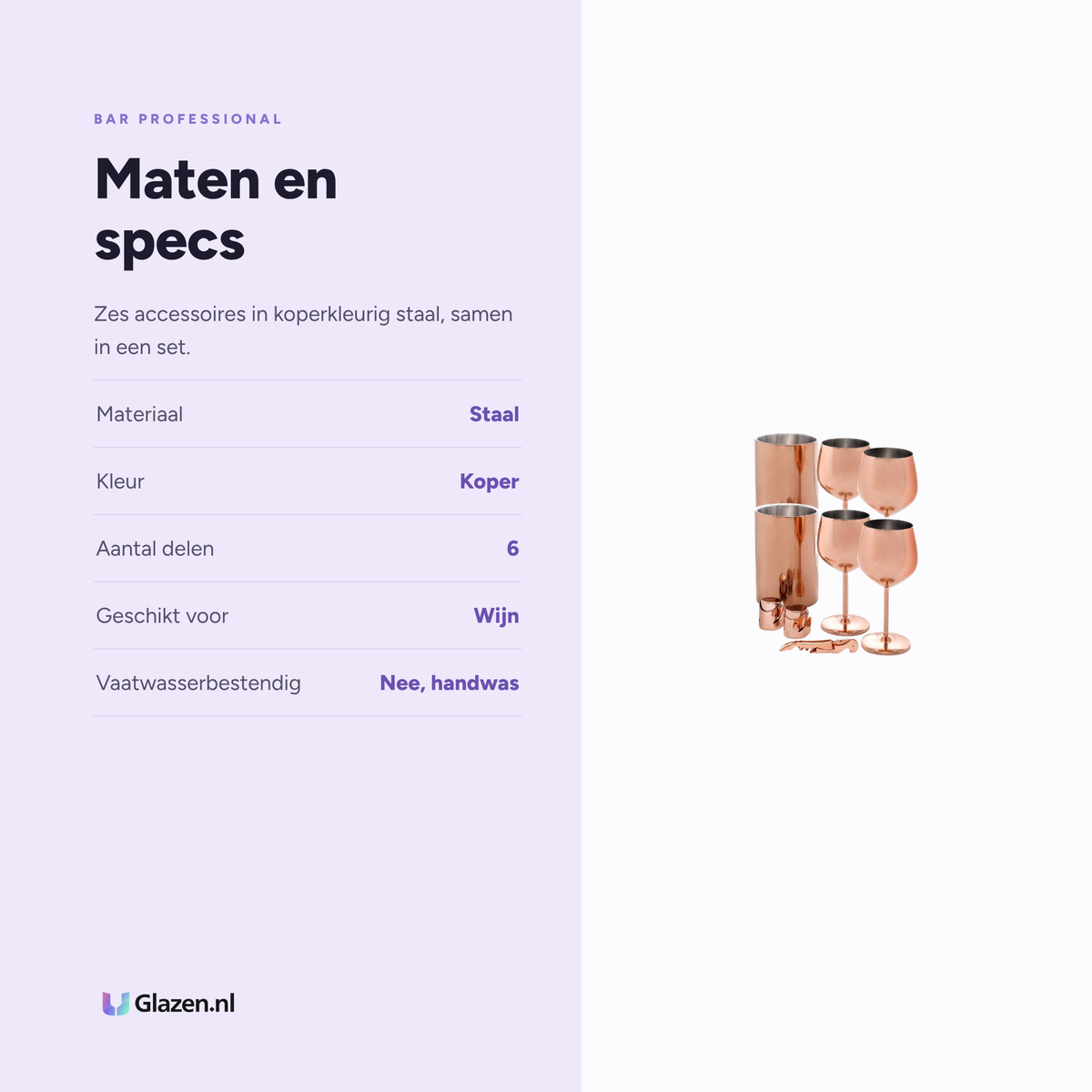 Maten en specificaties van Bar Professional Veneto Wijnset Koper 6-Delig