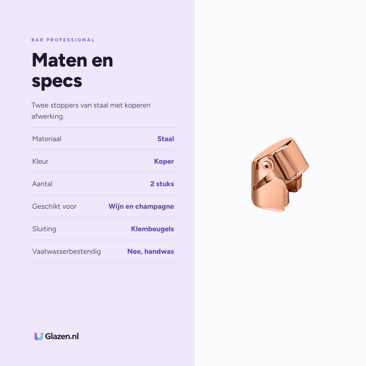 Maten en specificaties van Bar Professional Wijn- en Champagnestopper Koper - 2 Stuks
