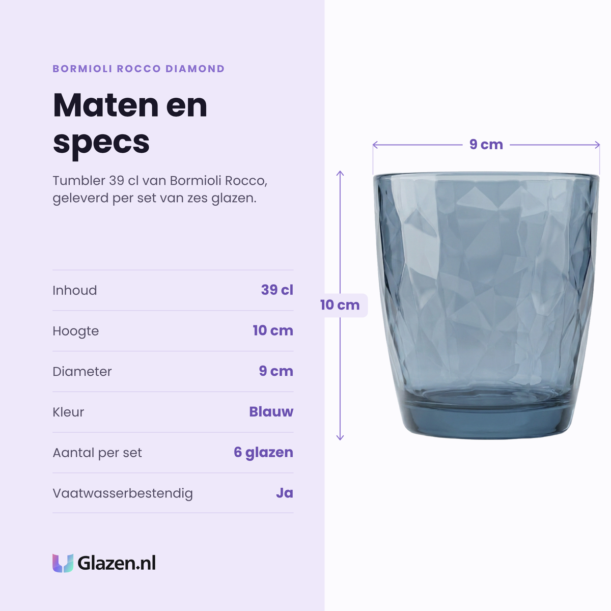 Bormioli Rocco Diamond tumbler 39 cl specificaties: inhoud 39 cl, hoogte 10 cm, diameter 9 cm, blauw glas, set van 6