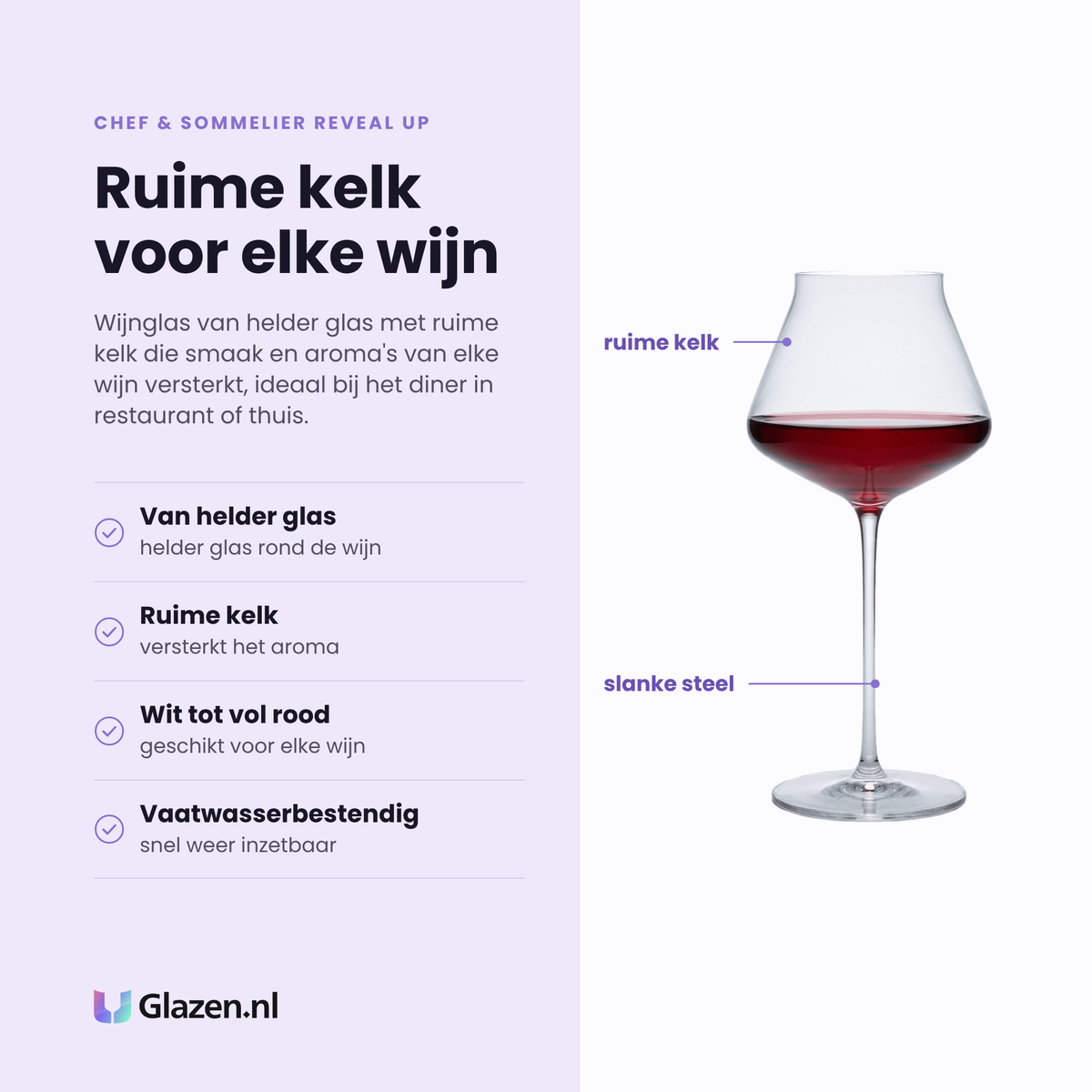 Chef & Sommelier Reveal Up Intense wijnglas 45 cl eigenschappen: helder glas, ruime kelk versterkt het aroma, voor wit tot vol rood, vaatwasserbestendig