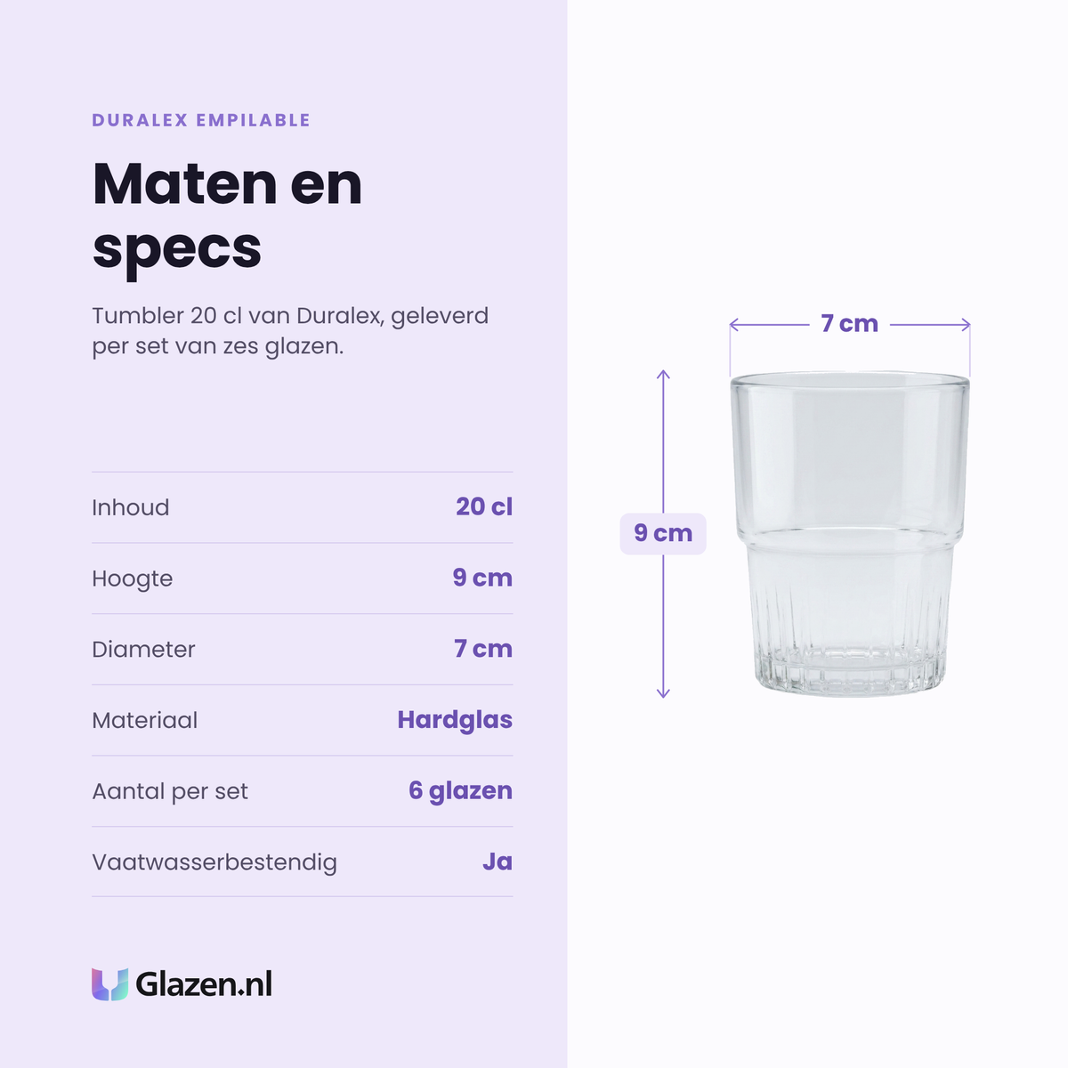 Duralex Empilable tumbler 20 cl specificaties: inhoud 20 cl, hoogte 9 cm, diameter 7 cm, hardglas, set van 6