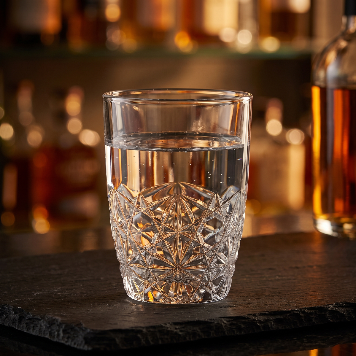 Bormioli Rocco Dedalo glas op een donkere bar in de avond
