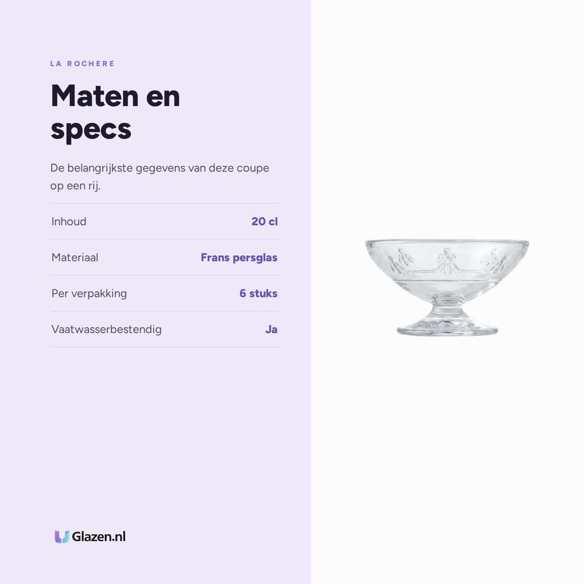 Maten en specs van de La Rochère Abeille Coupe 20 cl, 6 Stuks