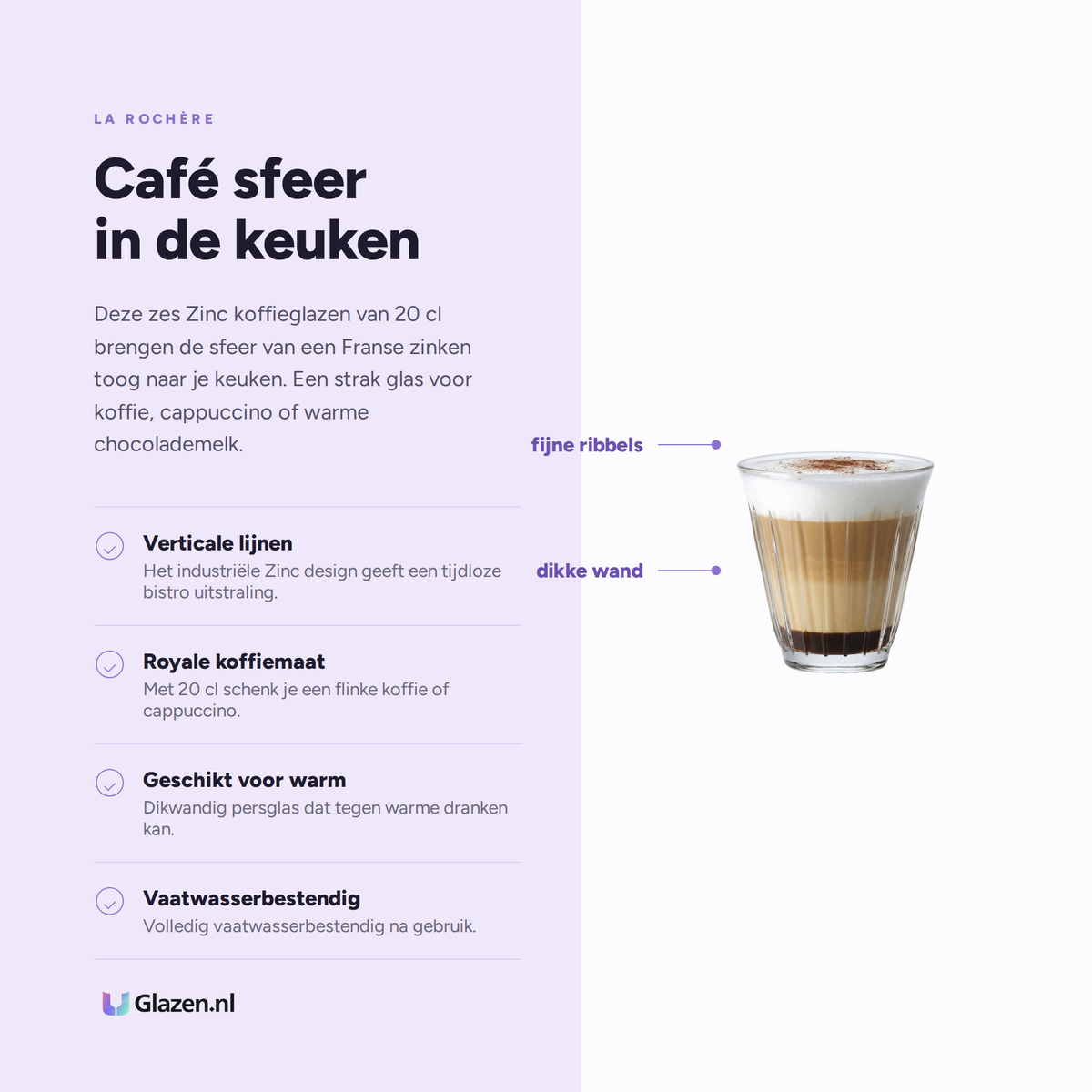 Infographic met de eigenschappen van La Rochère Zinc Koffie Glas 20 Cl - 6 Stuks