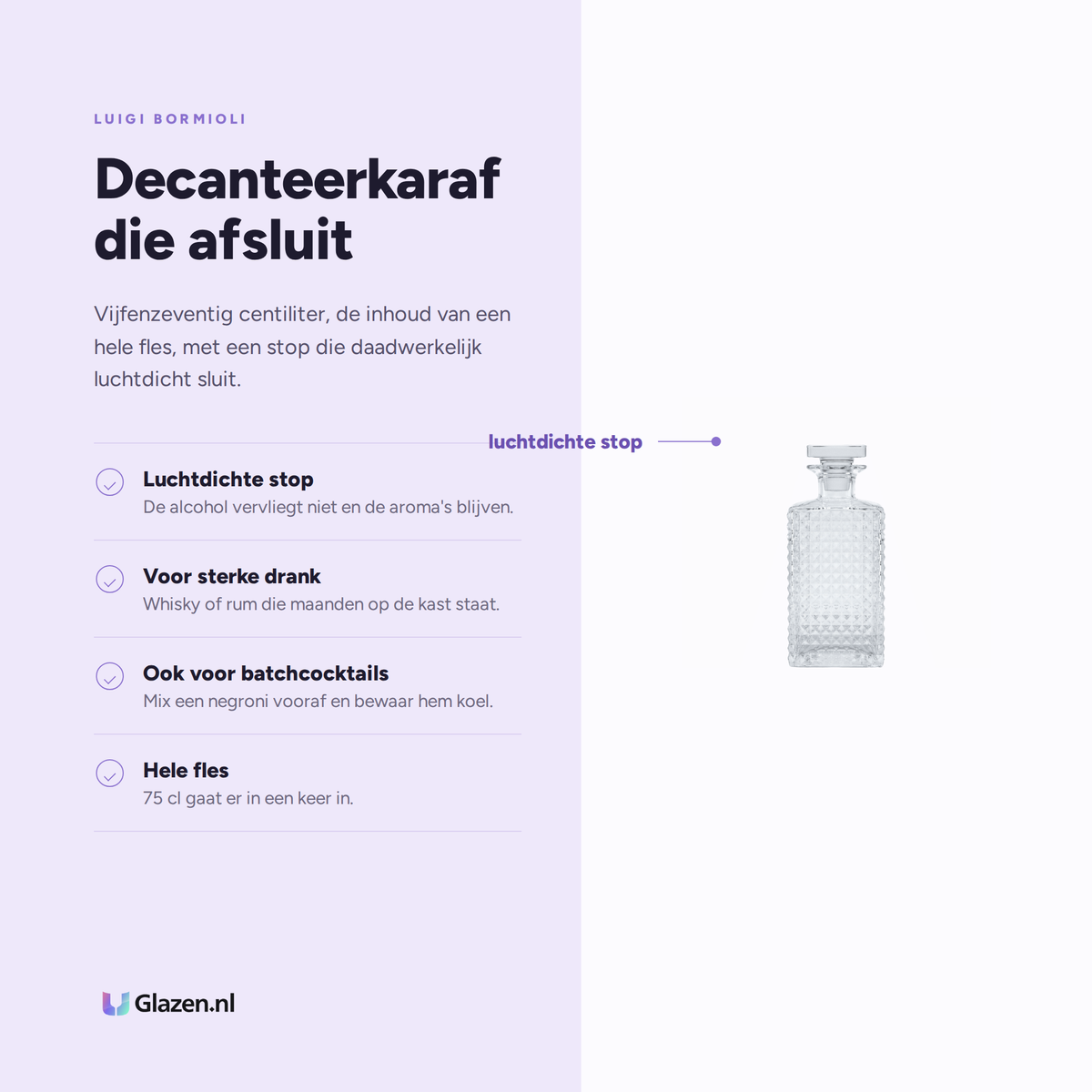 Eigenschappen van de Luigi Bormioli Mixology Decanteerkaraf 75 Cl Met Luchtdichte Stop