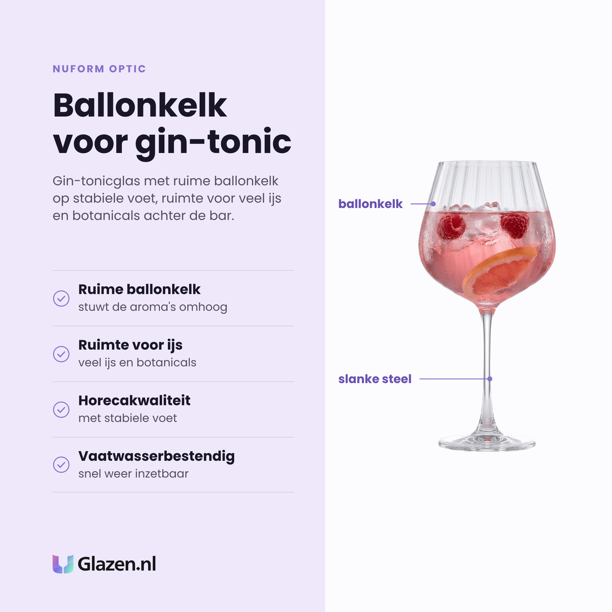 Nuform Optic gin-tonicglas 64 cl eigenschappen: ruime ballonkelk, ruimte voor veel ijs, horecakwaliteit met stabiele voet, vaatwasserbestendig
