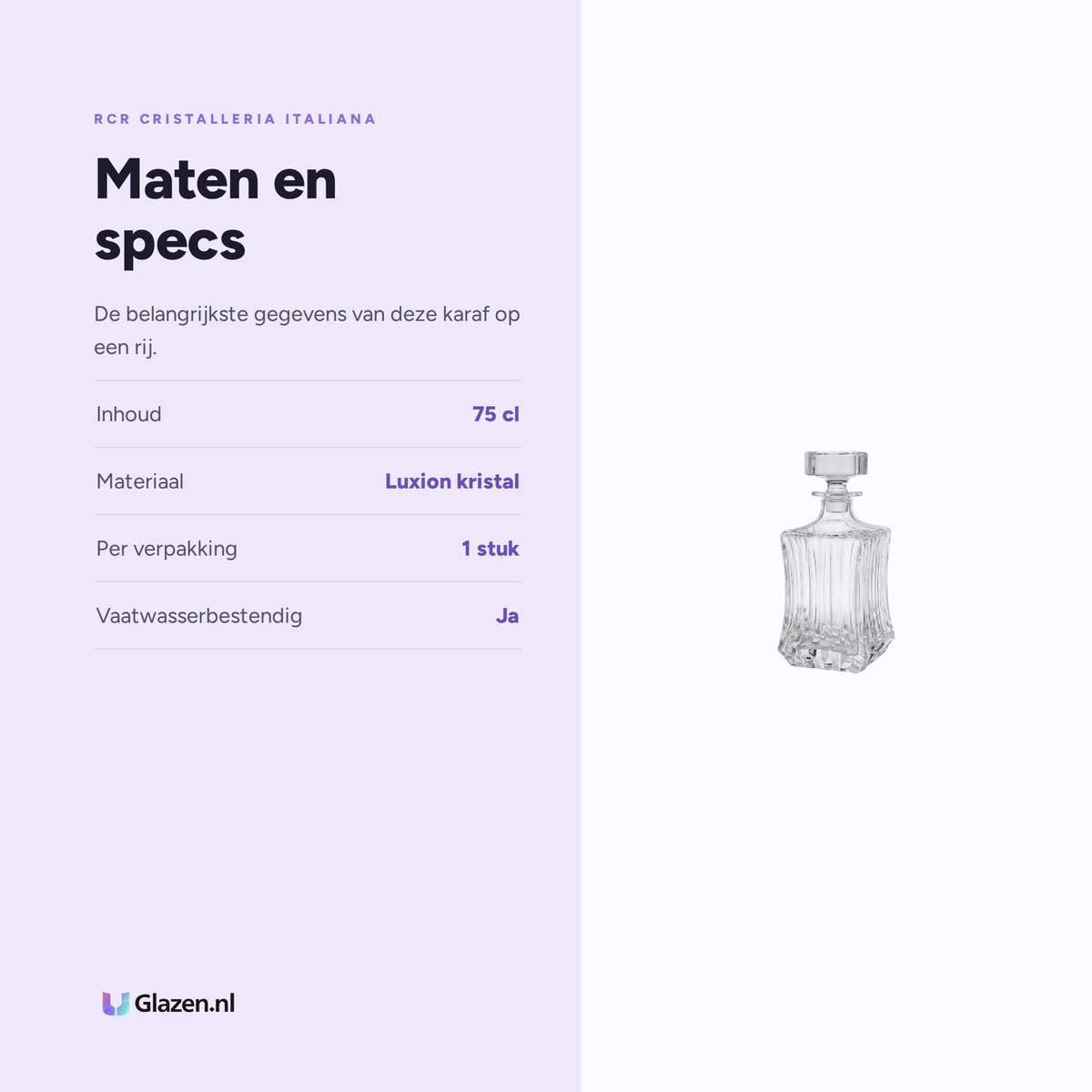 Maten en specs van de RCR Adagio Whiskeykaraf 75 Cl