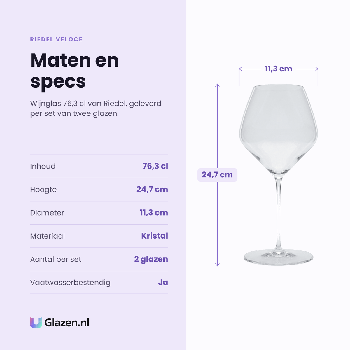 Riedel Veloce wijnglas 76,3 cl specificaties: inhoud 76,3 cl, hoogte 24,7 cm, diameter 11,3 cm, kristal, set van 2