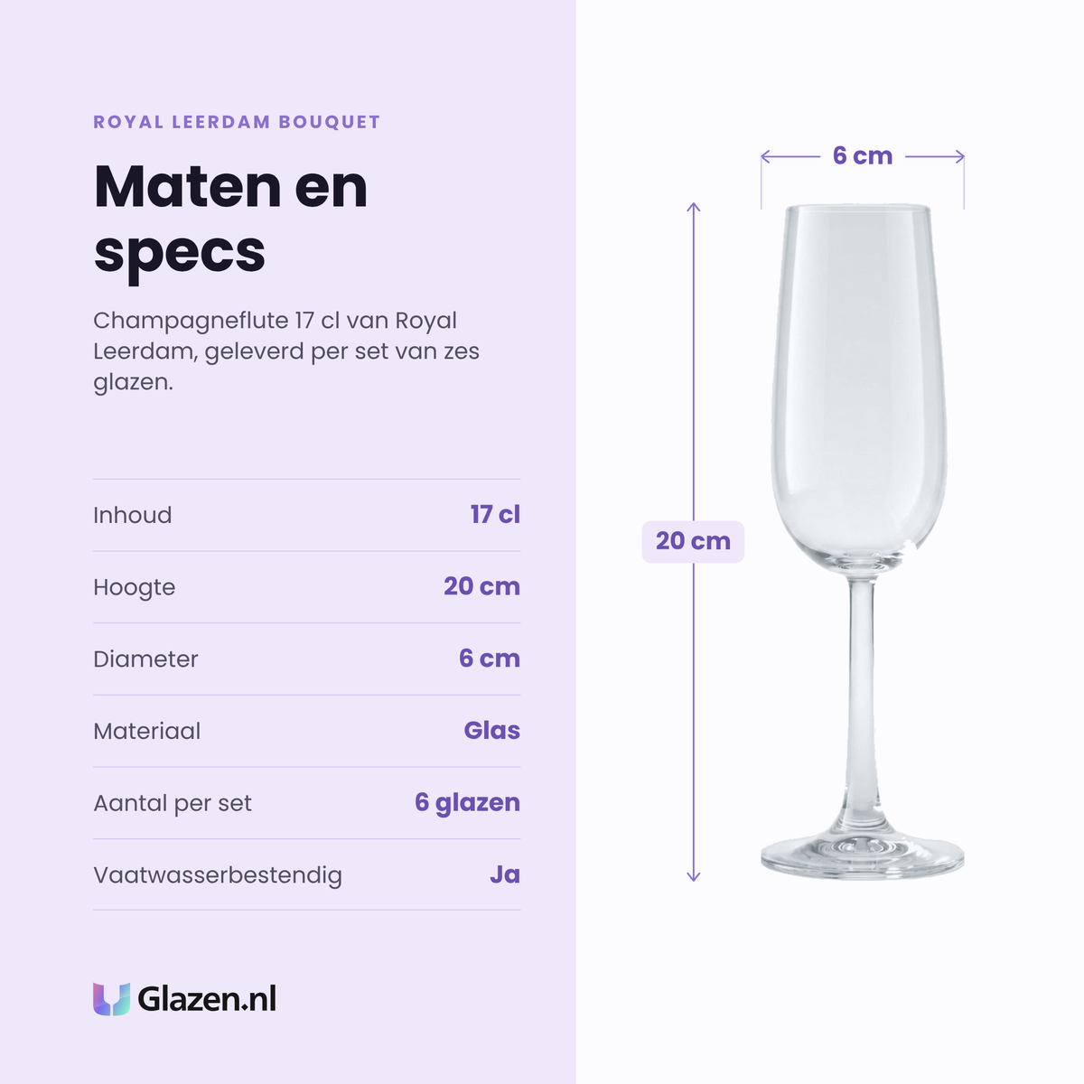 Royal Leerdam Bouquet champagneflute 17 cl specificaties: inhoud 17 cl, hoogte 20 cm, diameter 6 cm, glas, set van 6