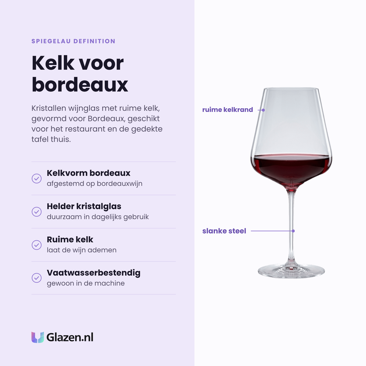 Spiegelau Definition bordeauxglas 75 cl eigenschappen: kelkvorm voor bordeaux, helder kristalglas, ruime kelk laat de wijn ademen, vaatwasserbestendig