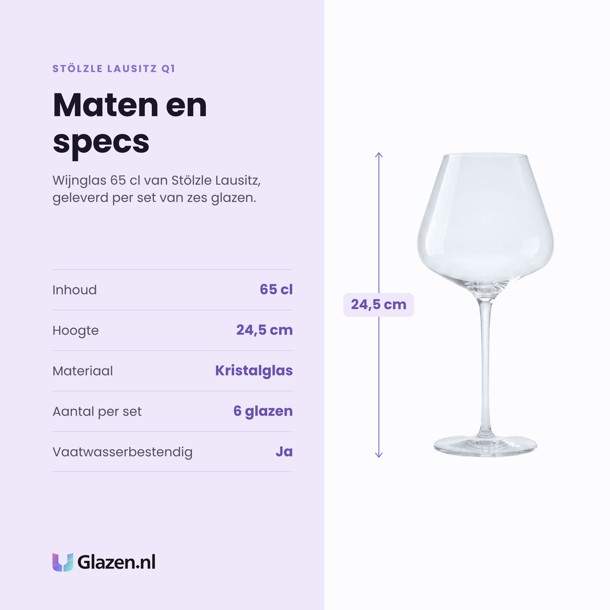 Stölzle Lausitz Q1 wijnglas 65 cl specificaties: inhoud 65 cl, hoogte 24,5 cm, kristalglas, set van 6