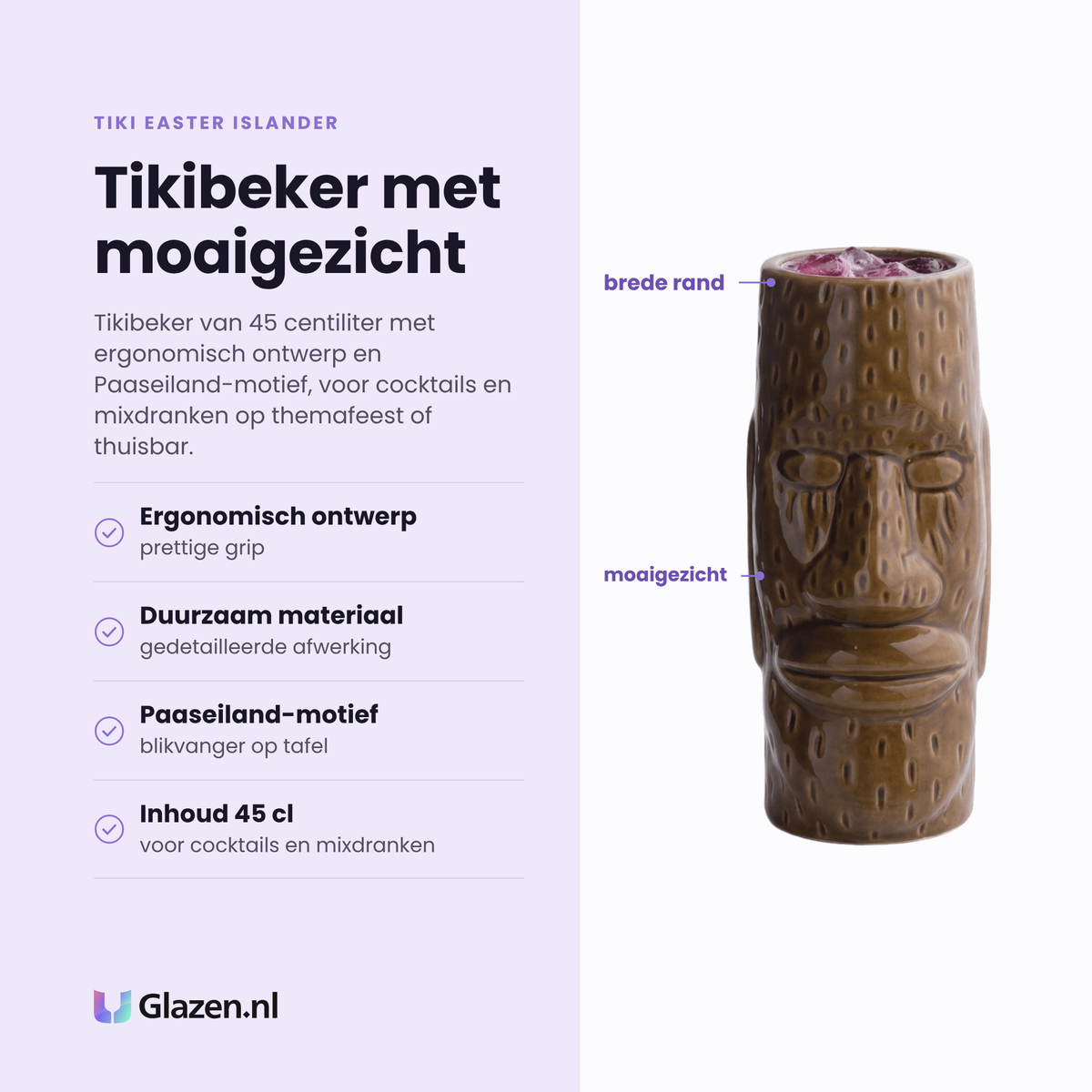 Tiki Easter Islander tikibeker 45 cl eigenschappen: ergonomisch ontwerp, duurzaam materiaal, paaseiland-motief, inhoud 45 cl