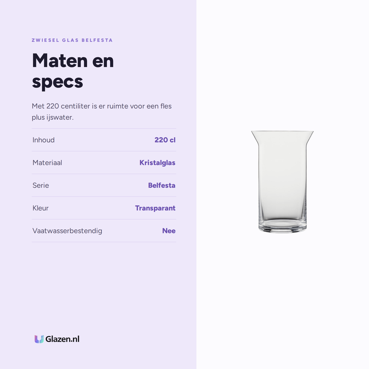 Infographic met de maten en specificaties van de Zwiesel Glas Belfesta flessenkoeler 220 cl