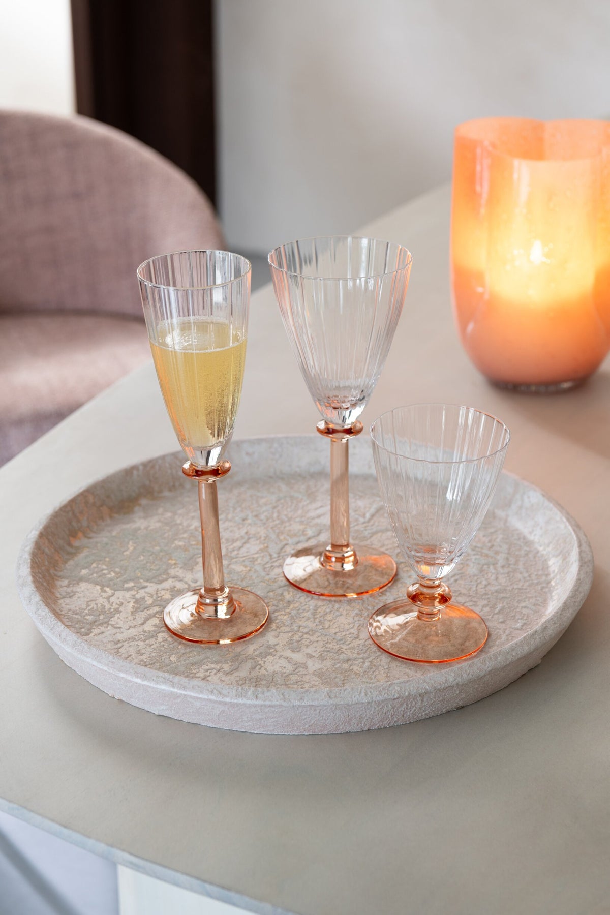 J-Line Wasserglas Gestreift Transparent/Lachsrosa