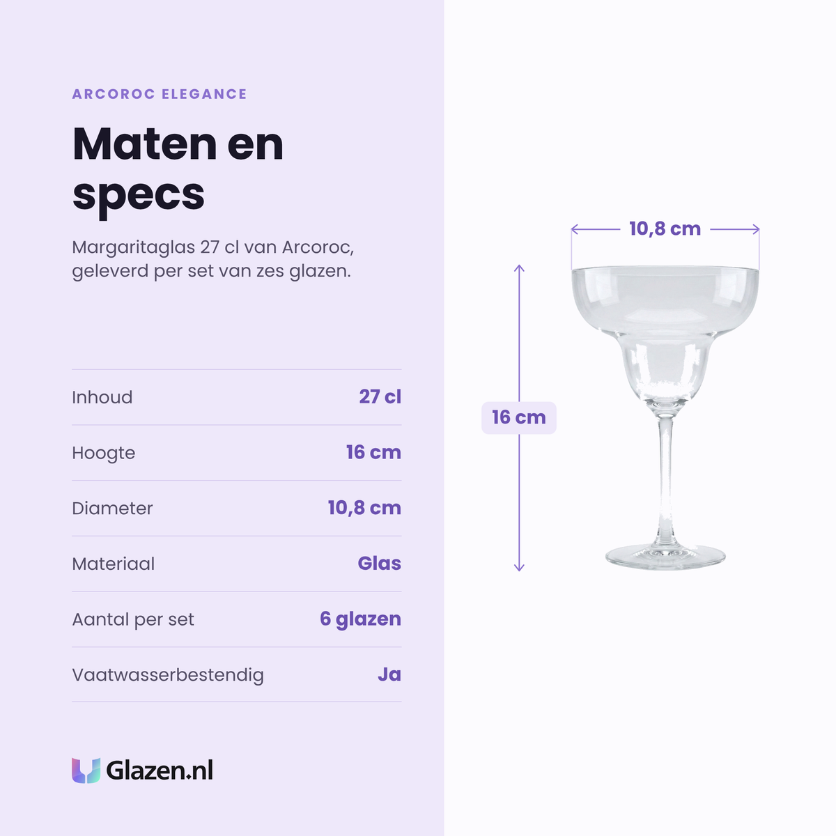 Arcoroc Elegance margaritaglas 27 cl specificaties: inhoud 27 cl, hoogte 16 cm, diameter 10,8 cm, glas, set van 6
