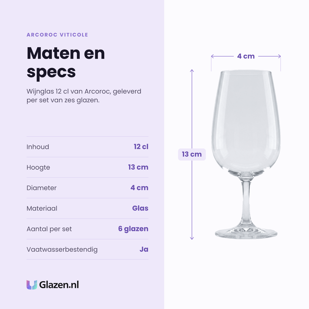 Arcoroc Viticole wijnglas 12 cl specificaties: inhoud 12 cl, hoogte 13 cm, diameter 4 cm, glas, set van 6