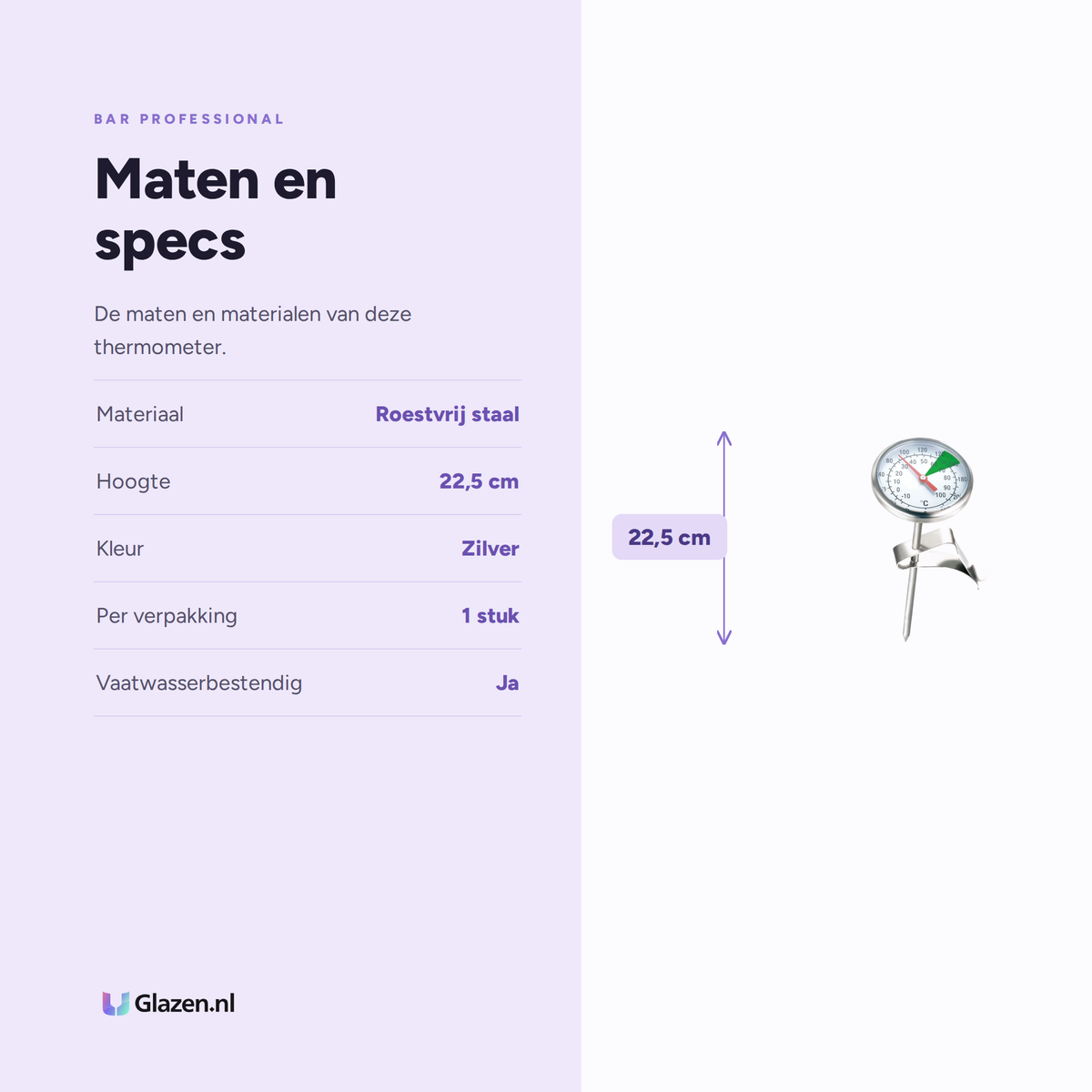 Infographic met de maten en specificaties van Bar Professional Barista Thermometer RVS