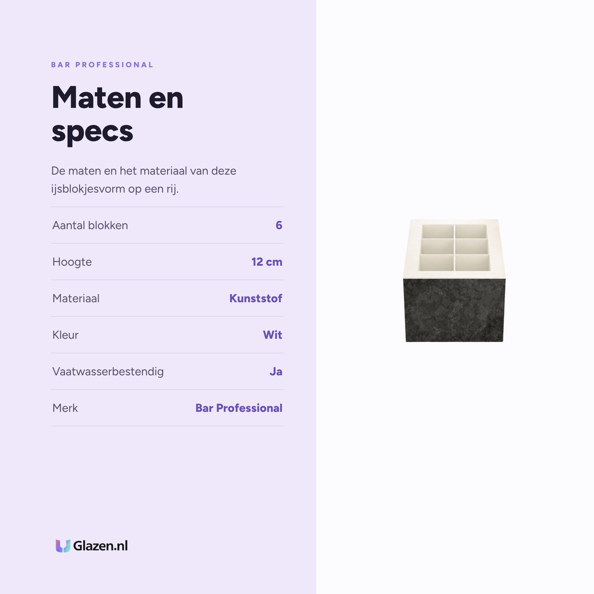 Maten en specificaties van de Bar Professional Clear Ice Box IJsblokjesvorm 6 Blokjes