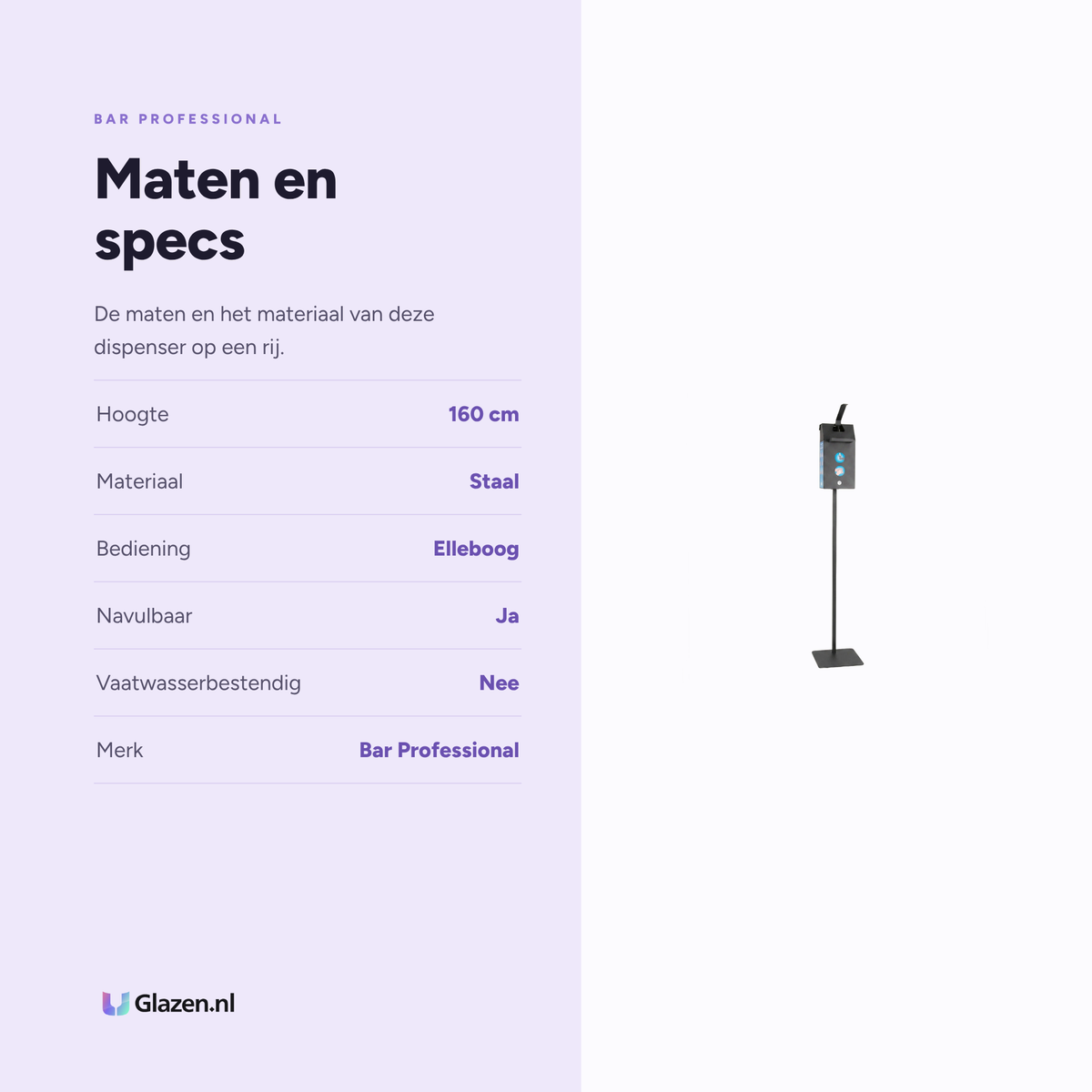 Maten en specificaties van de Bar Professional Desinfectiedispenser Elleboogbediening Staal 160 Cm