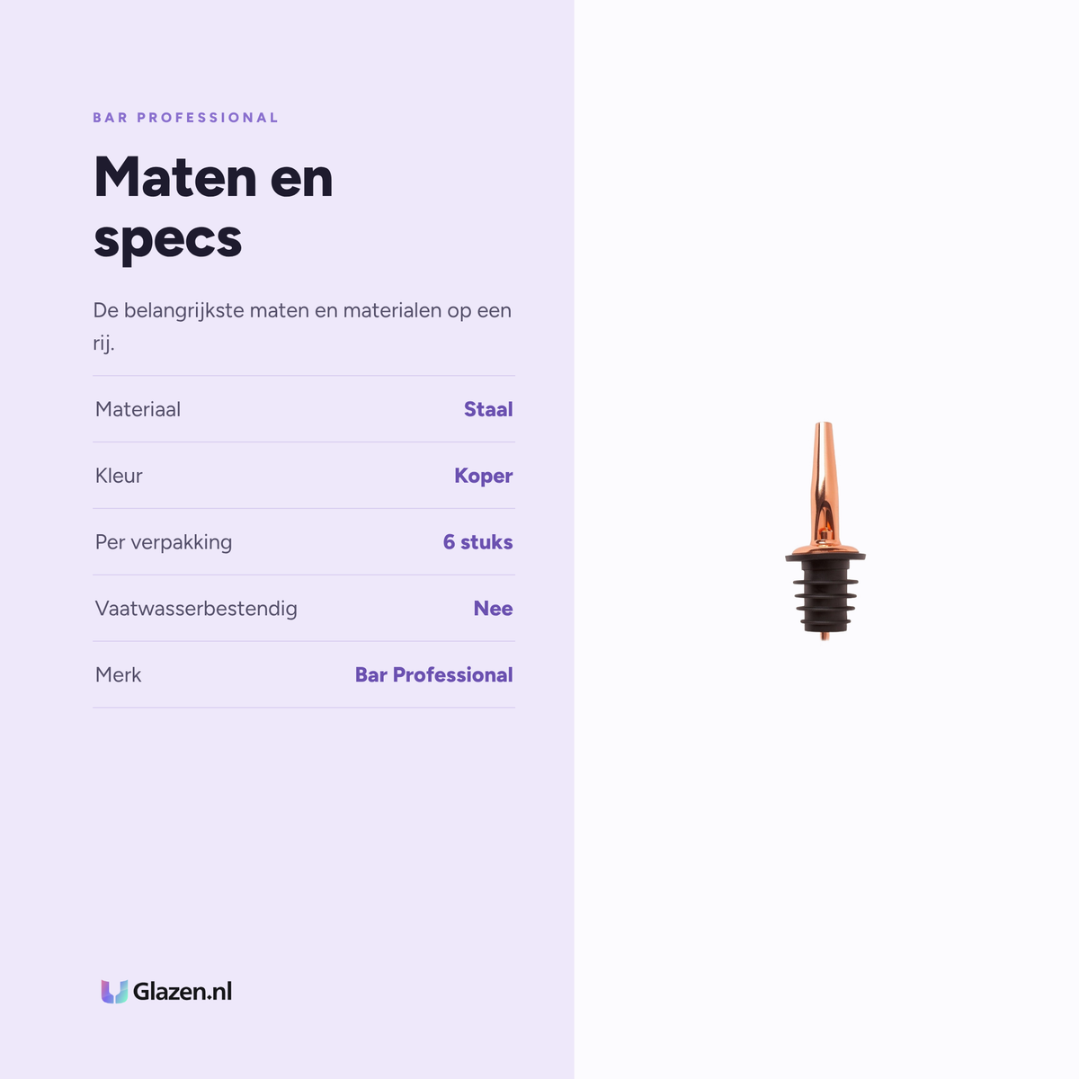 Maten en specificaties van de Bar Professional Freeflow Schenktuit Koper - 6 Stuks