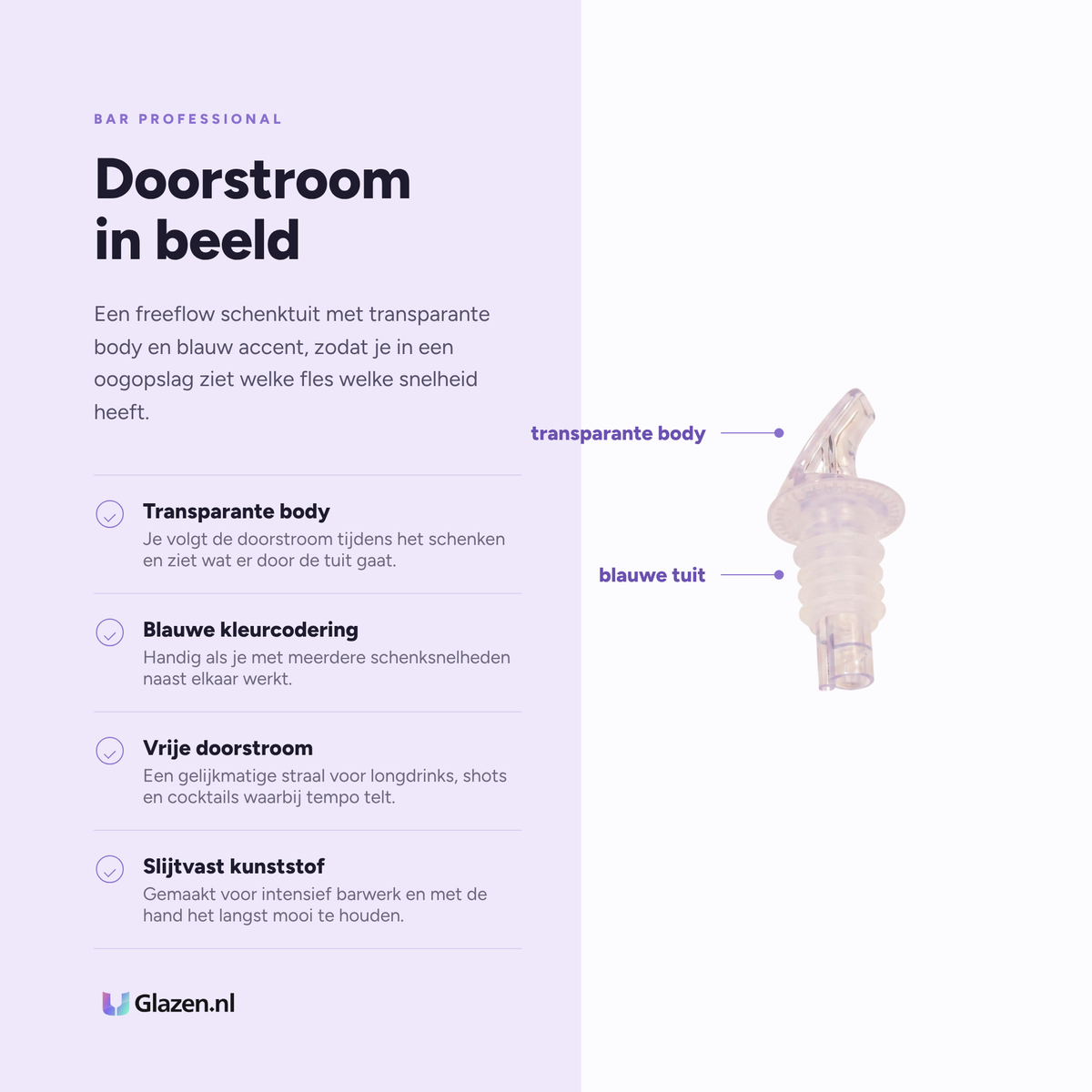 Infographic met de eigenschappen van de Bar Professional freeflow schenktuit in transparant en blauw