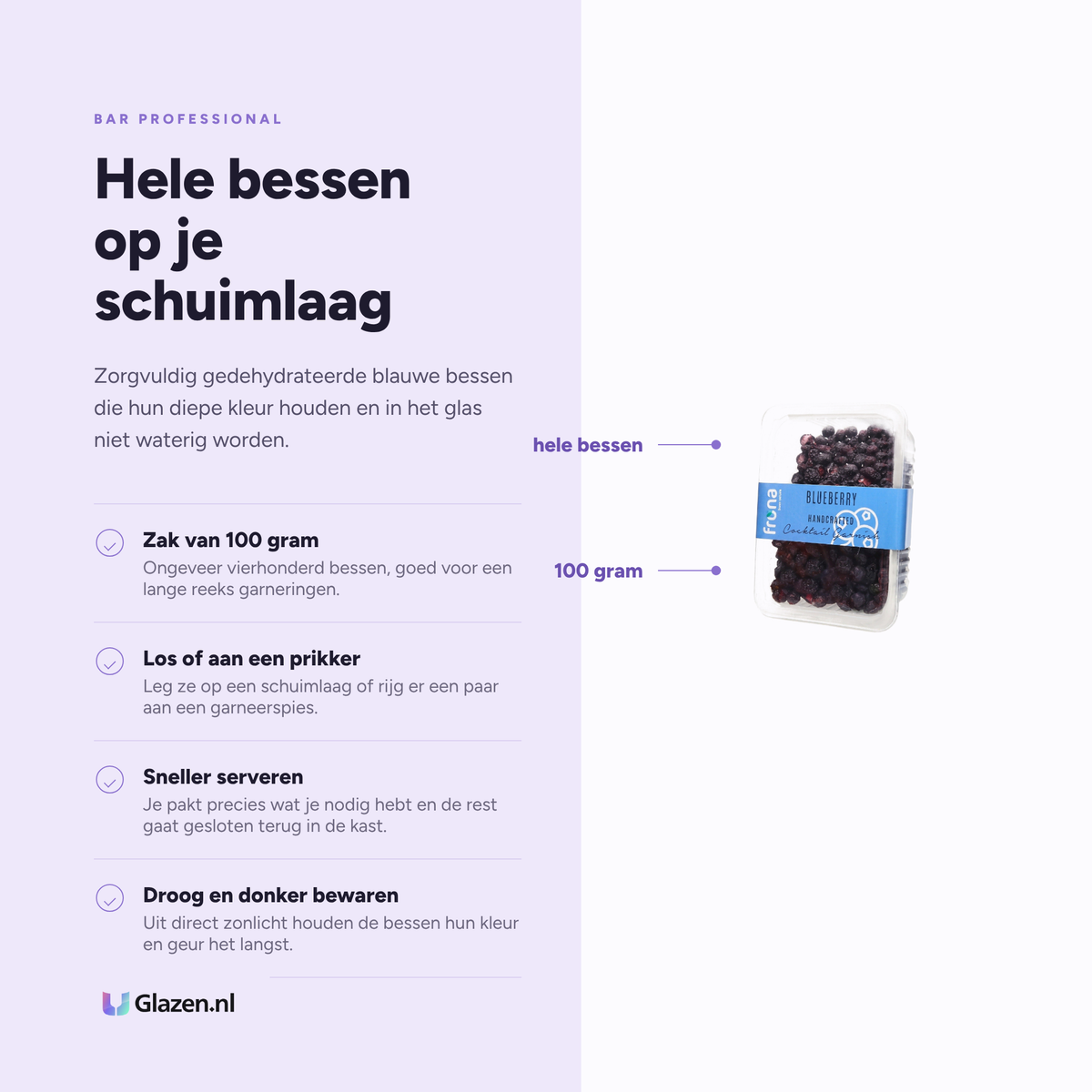 Infographic met de eigenschappen van de gedroogde blauwe bessen van 100 gram