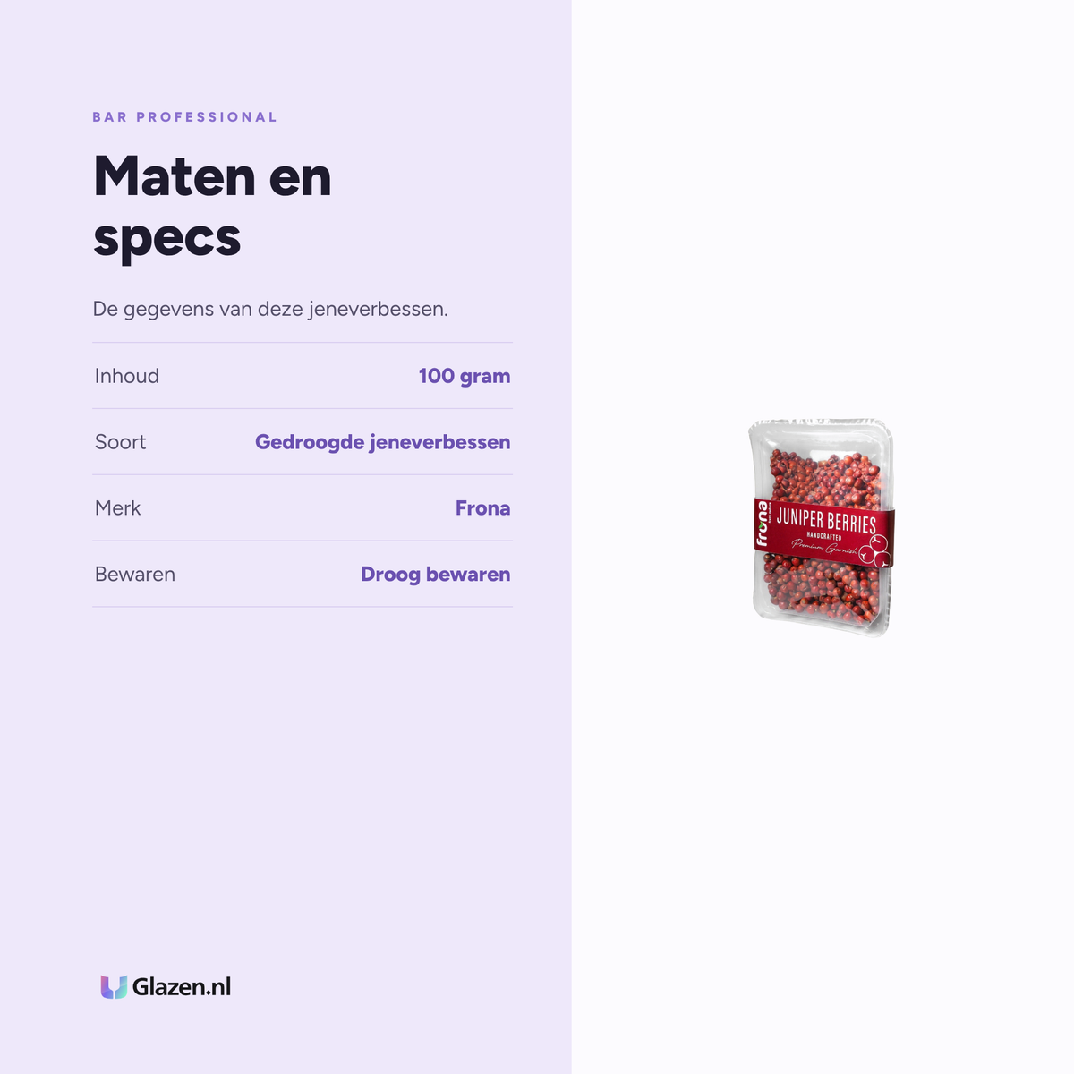 Maten en specificaties van de Bar Professional Frona Gedroogde Jeneverbessen 100 Gram