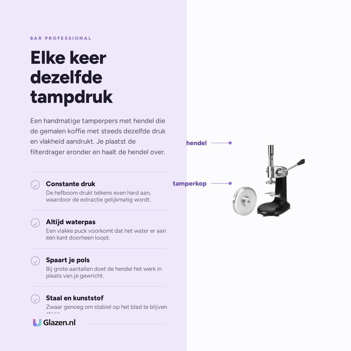 Eigenschappen van Bar Professional Handmatige Koffietamper met Hendel
