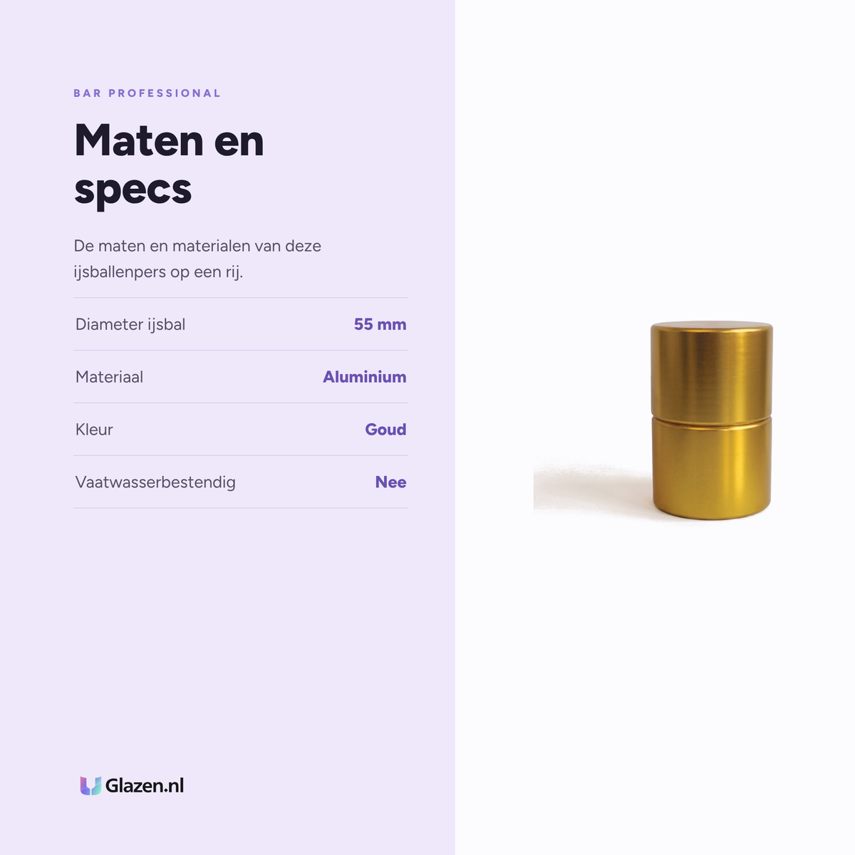 Bar Professional IJsballenpers Aluminium Goud 55 mm specificaties: diameter ijsbal 55 mm, materiaal Aluminium, kleur Goud, vaatwasserbestendig Nee