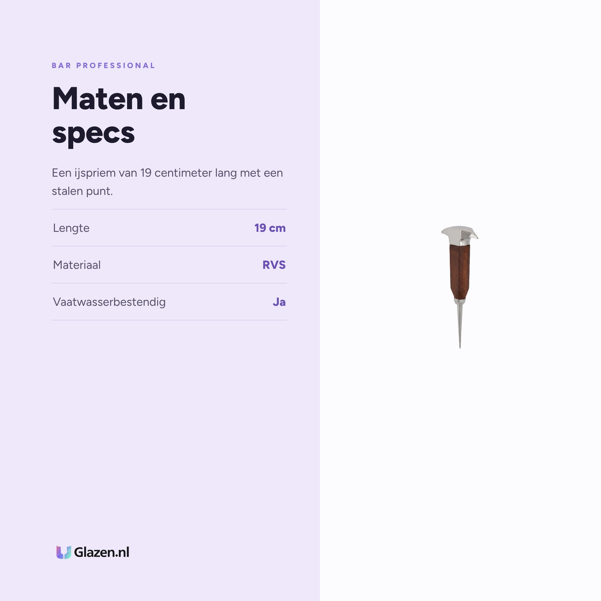 Maten en specs van de Bar Professional IJspriem 1-Punts RVS met Houten Handvat