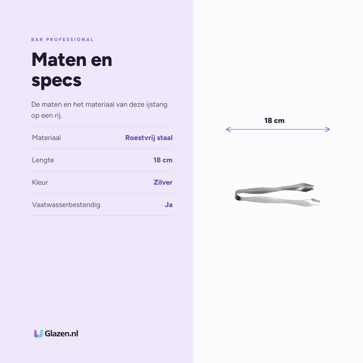 Maten en specificaties van de Bar Professional IJstang RVS 18 Cm