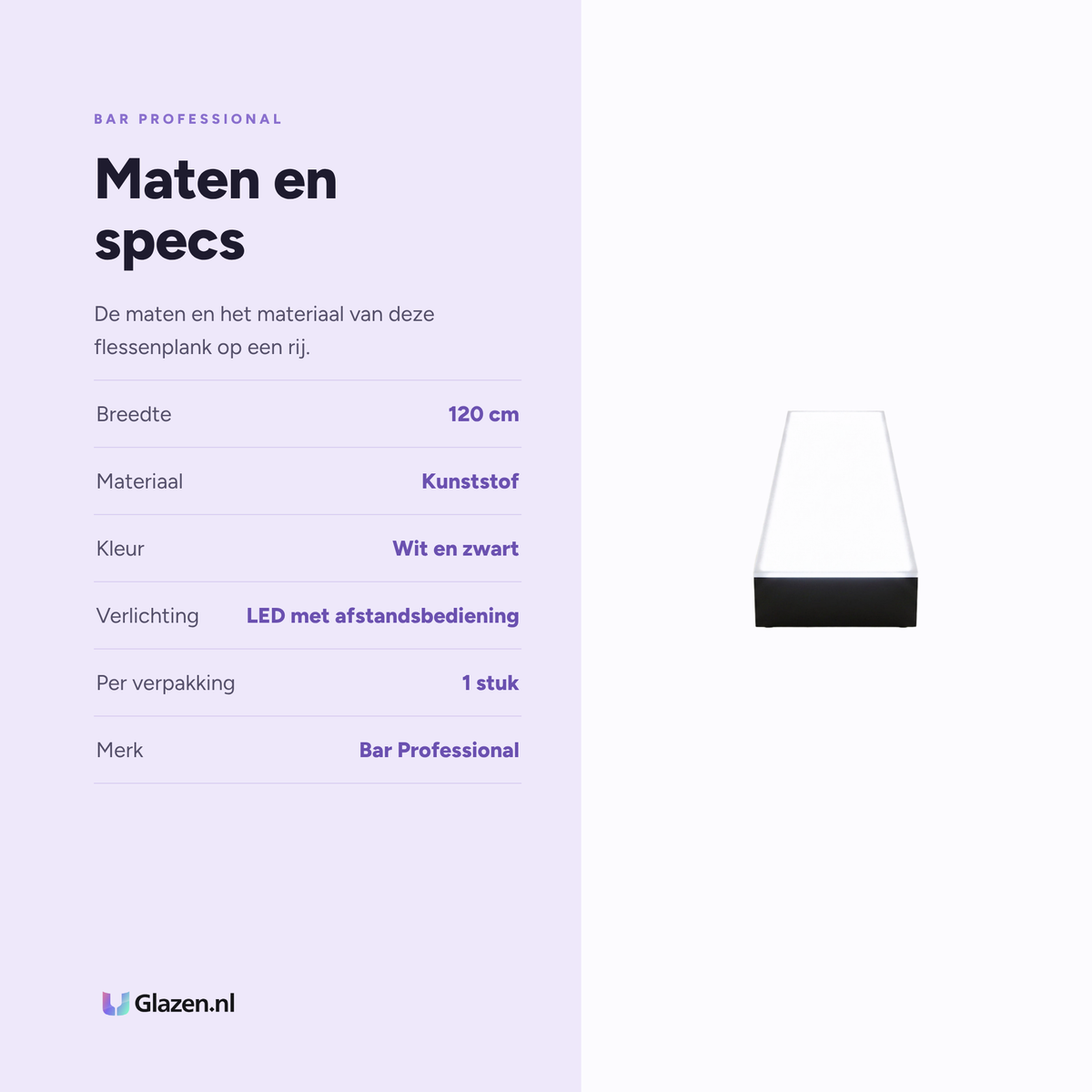 Maten en specificaties van de Bar Professional LED Flessenplank 120 cm Wit/Zwart