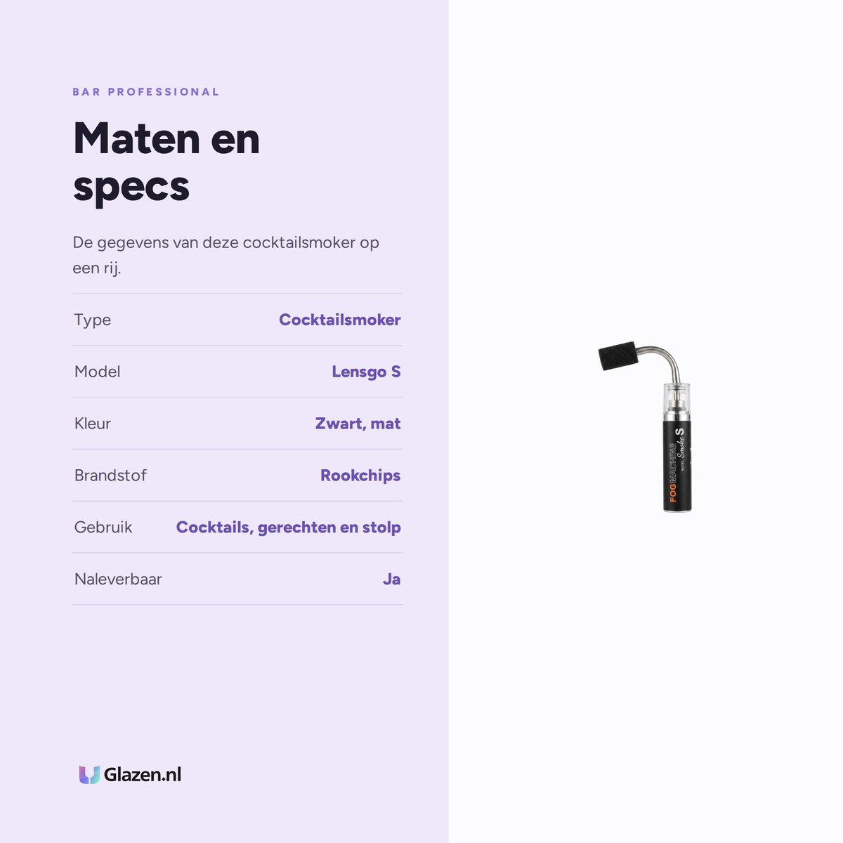 Maten en specificaties van de Bar Professional Lensgo S cocktailsmoker in zwart