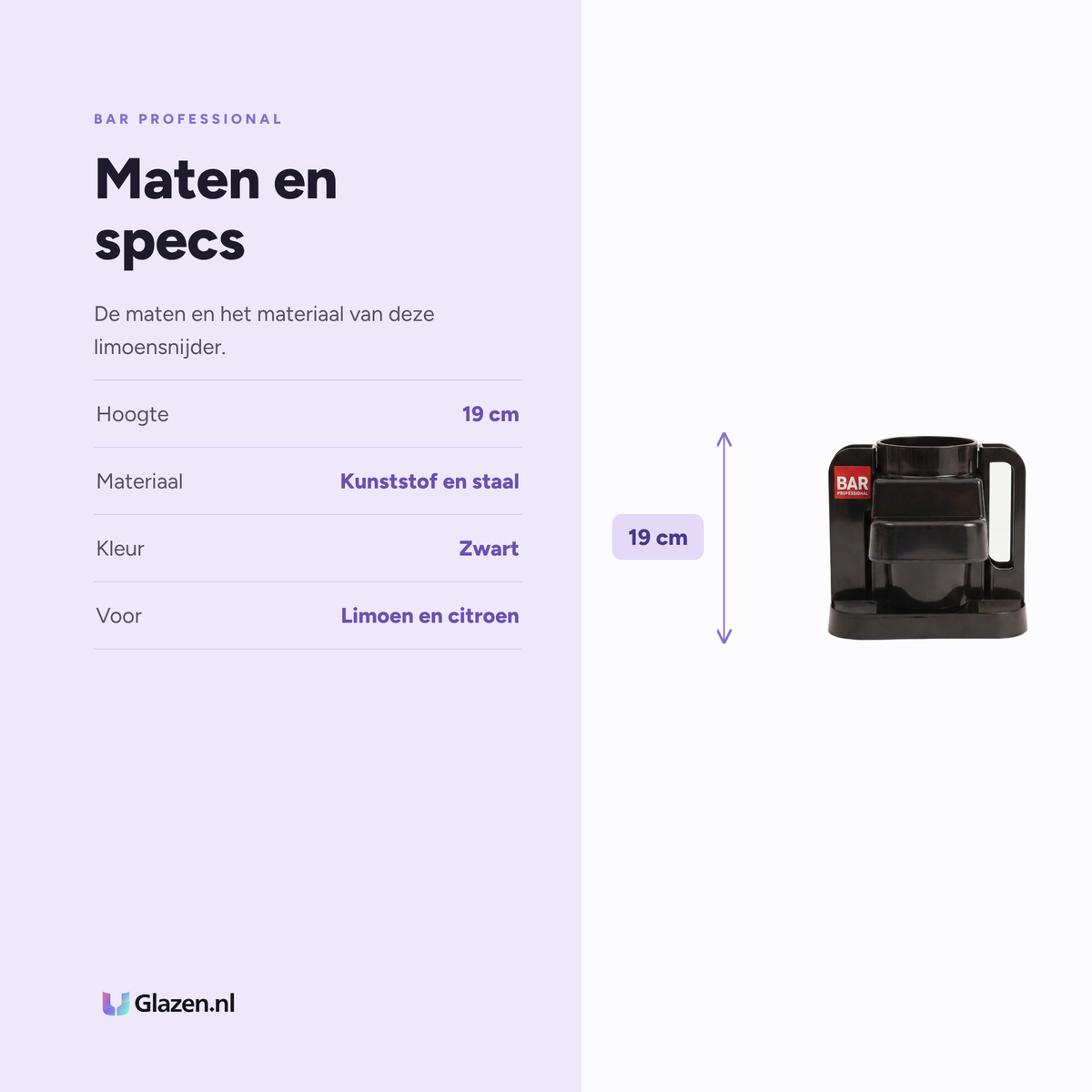 Maten en specificaties van de Bar Professional Limoensnijder Zwart