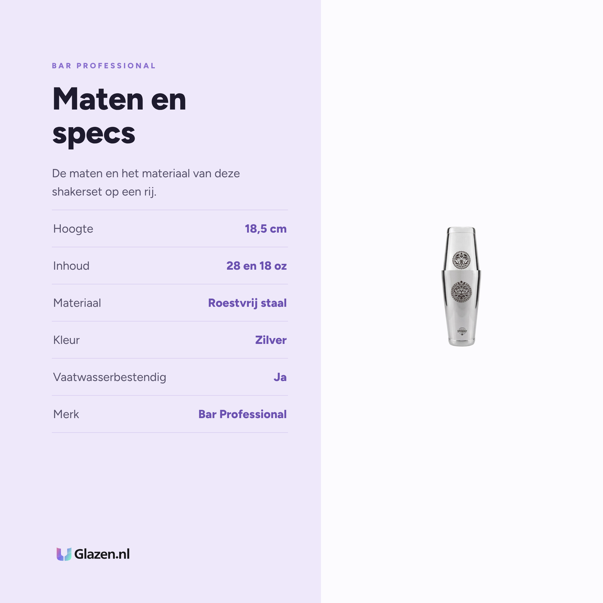 Maten en specificaties van de Bar Professional Maori Boston Shaker Set RVS